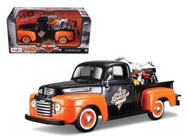 Maisto - 1948 Ford F-1 Pickup Truck with 1958 Harley Davidson FLH Duo Glide Motorcycle 1/24 - Orange And Black