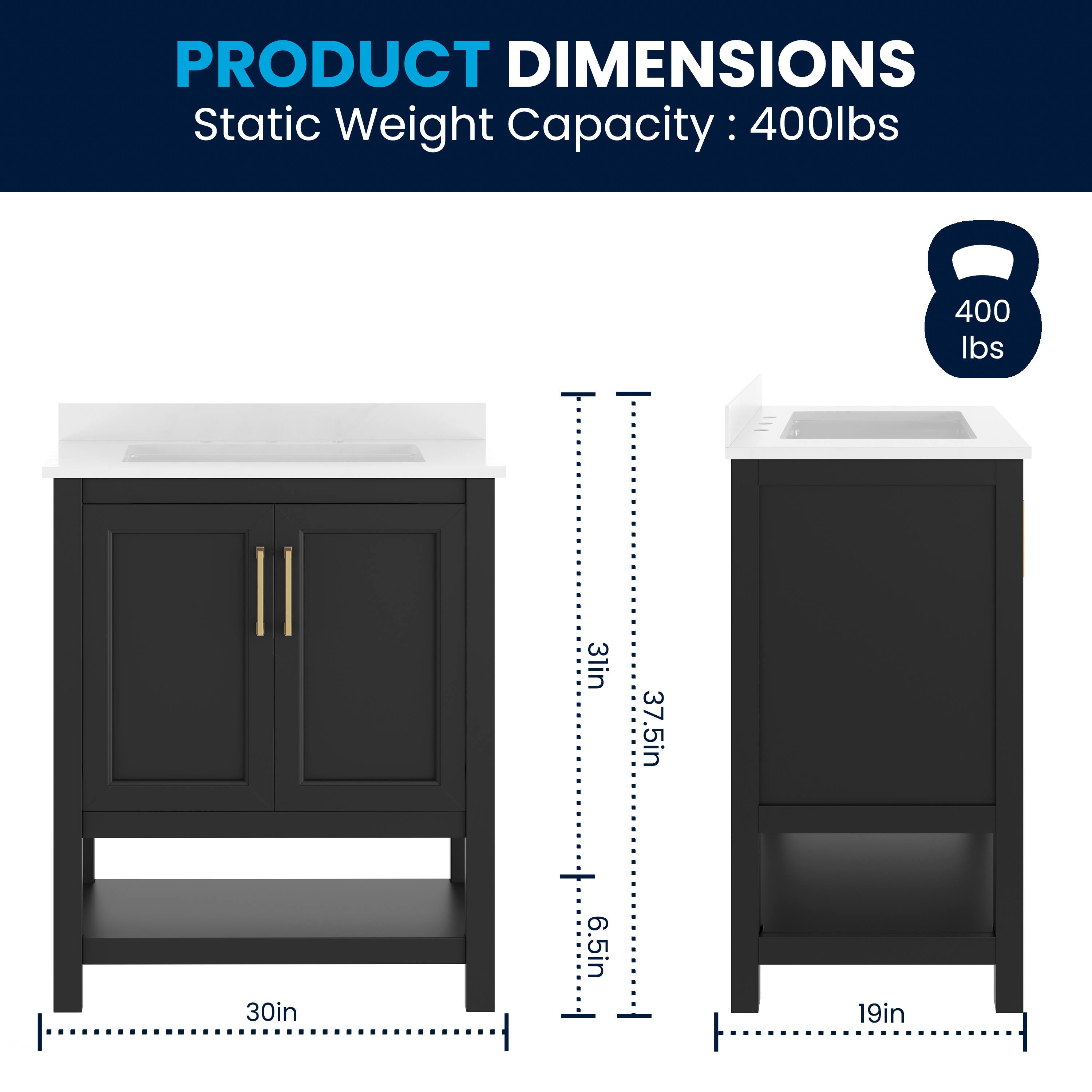 PRODUCT DIMENSIONS  
Static Weight Capacity: 400lbs  
31in x 37.5in x 30in x 6.5in x 19in
