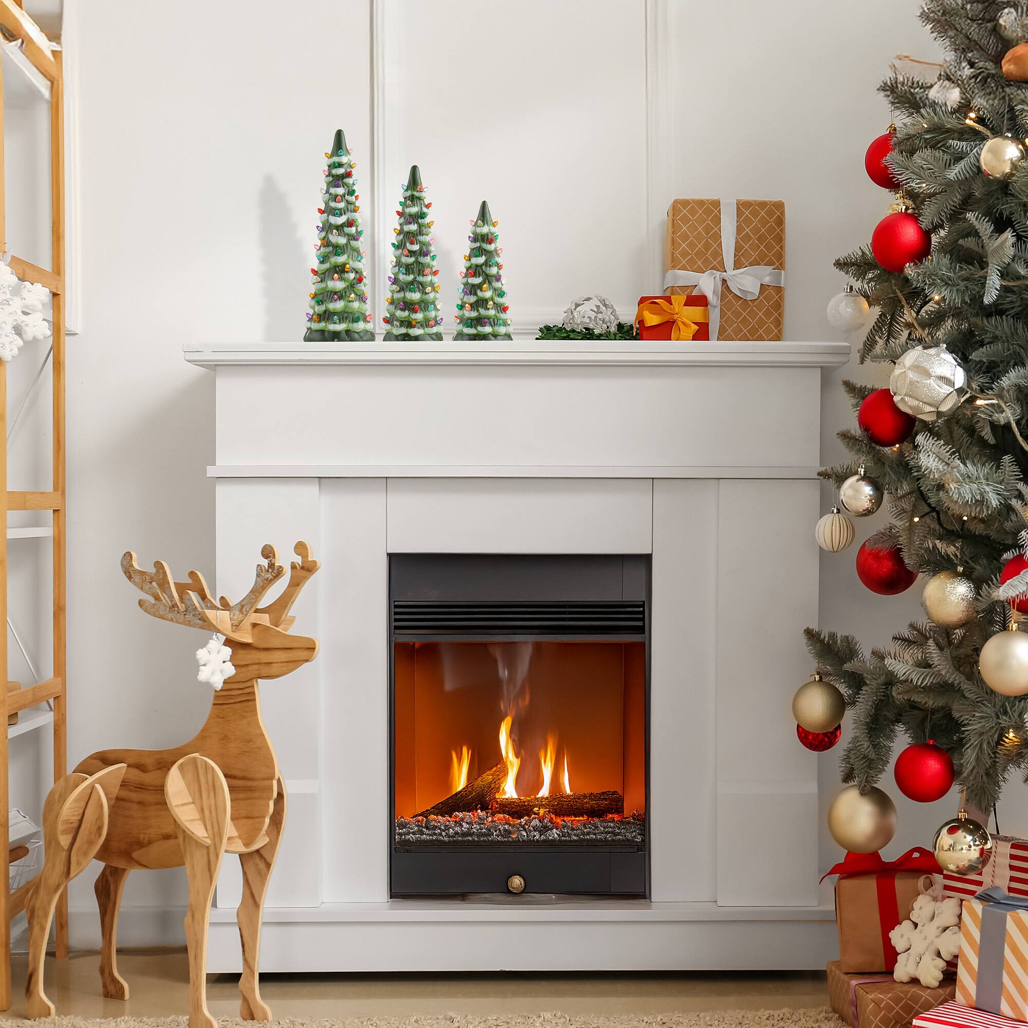 Alt View 1. Casafield - 3PC Set 8/10/12" Pre-Lit Ceramic Christmas Trees with Lights - Green Flocked w/ Multicolor.