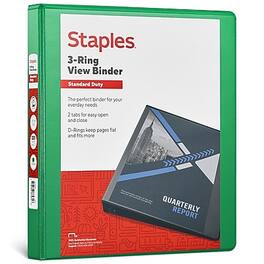 Staples - 1" 3-Ring View Binders, D-Ring - Green