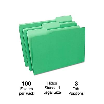 100 Folders per Pack  
Holds 3 Standard Tab Legal Size Positions
