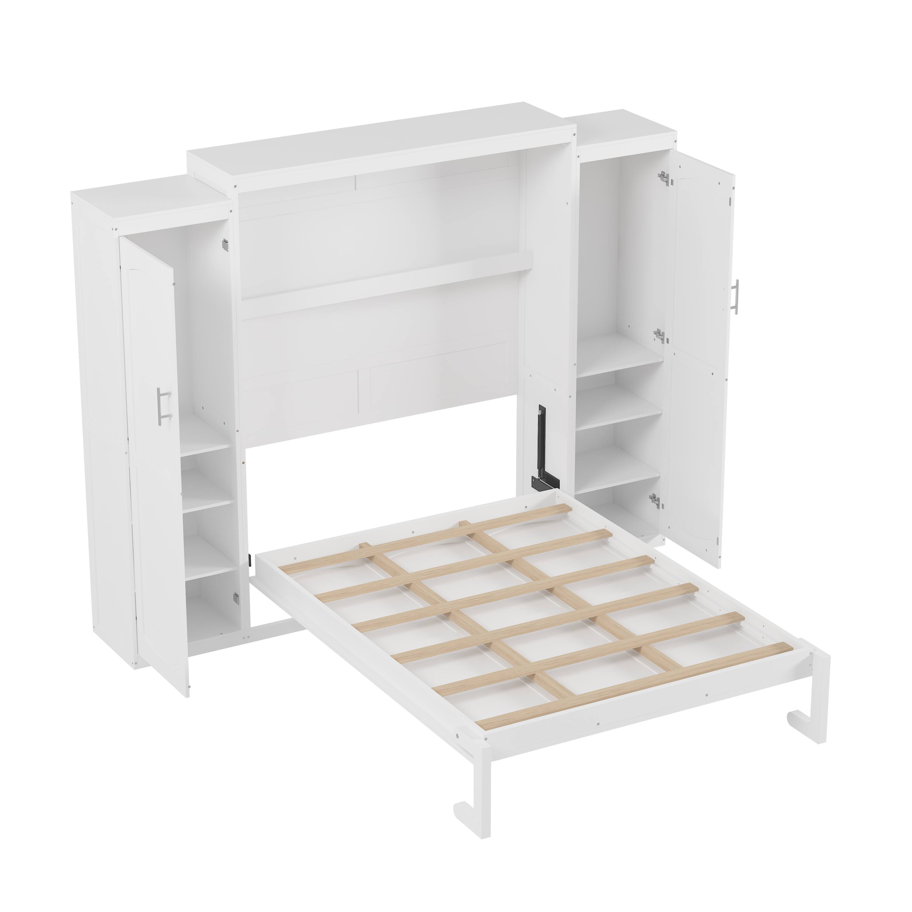 Alt View 4. Tiramisubest - Full Size Murphy Bed with 2 Wardrobe and Storage Shelf, Multifunctional Foldable Platform Bedframe, White - White.