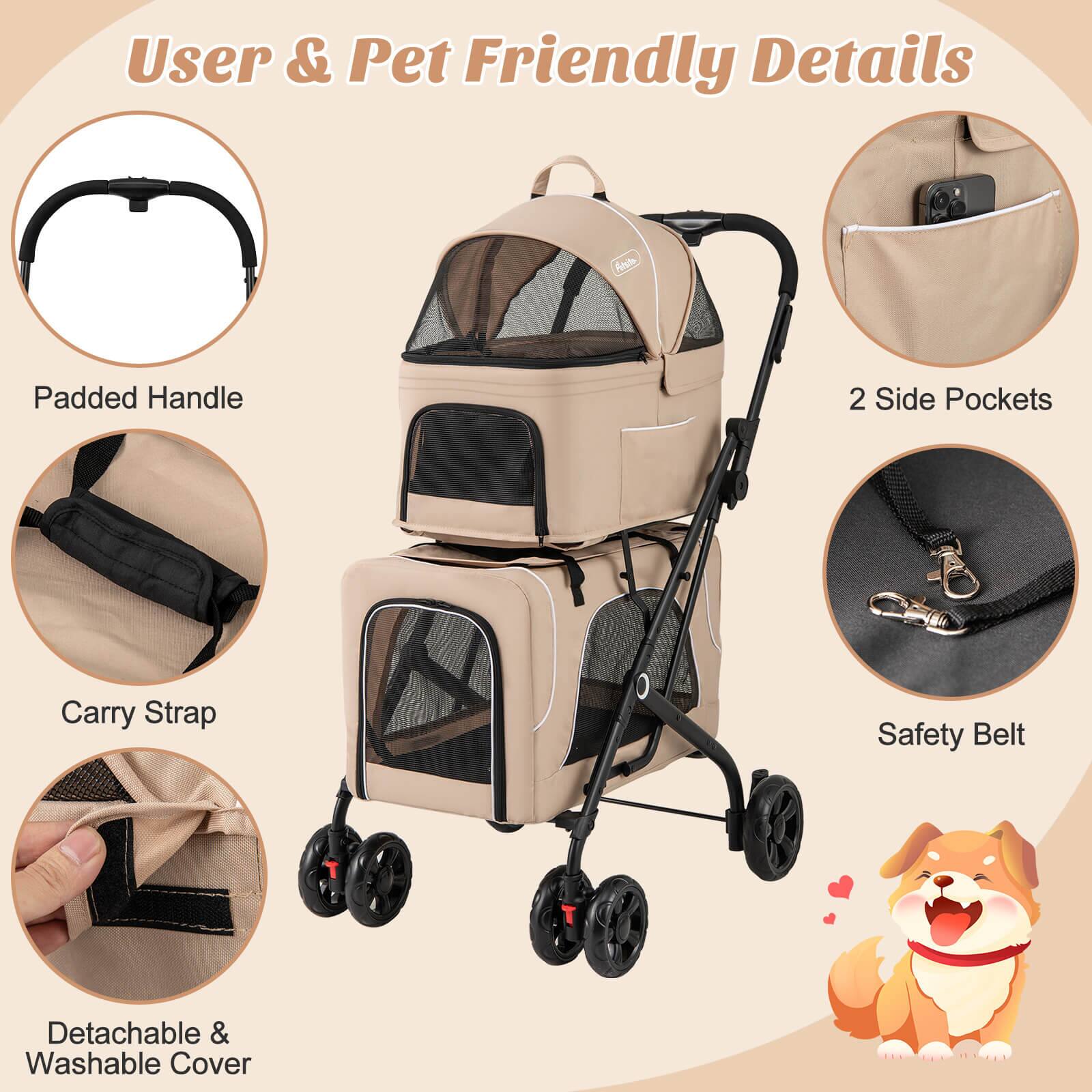 User & Pet Friendly Details

- Padded Handle
- Carry Strap
- 2 Side Pockets
- Safety Belt
- Detachable & Washable Cover