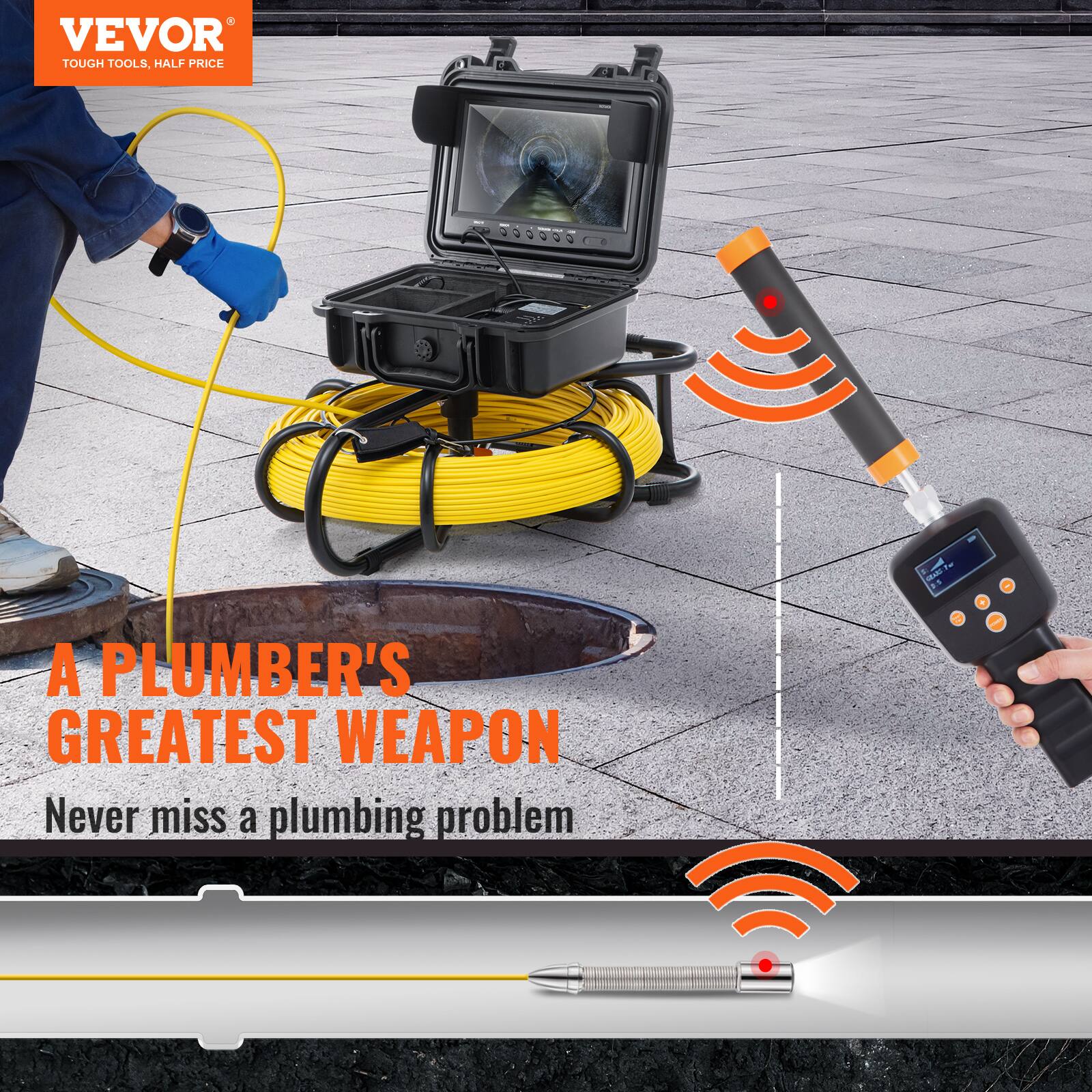 VEVOR TOUGH TOOLS, HALF PRICE  
A PLUMBER'S GREATEST WEAPON  
Never miss a plumbing problem