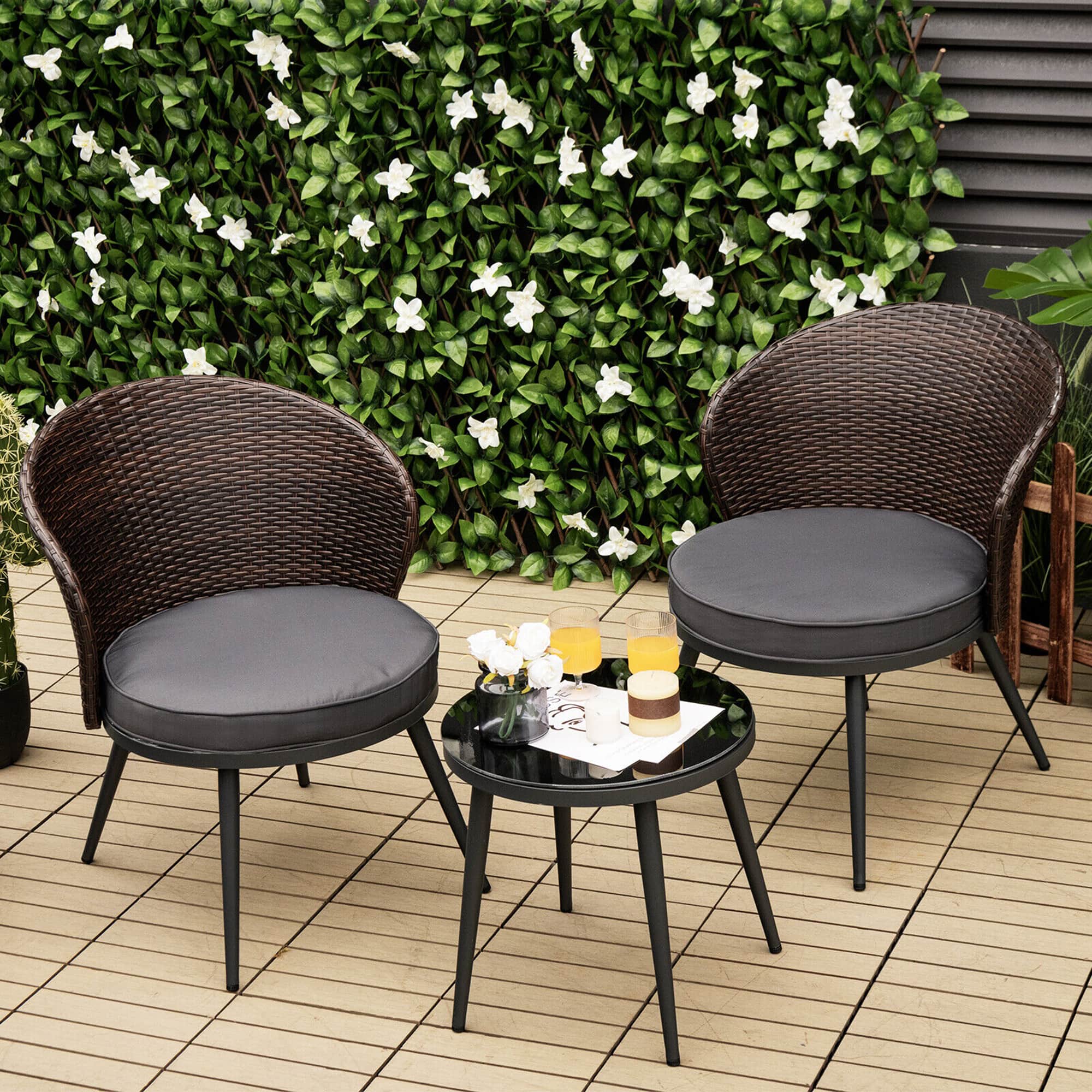 Gymax - 3PCS Rattan Patio Bistro Set Outdoor Conversation Furniture Set w/ Seat Cushions - Gray