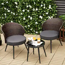 Gymax - 3PCS Rattan Patio Bistro Set Outdoor Conversation Furniture Set w/ Seat Cushions - Gray