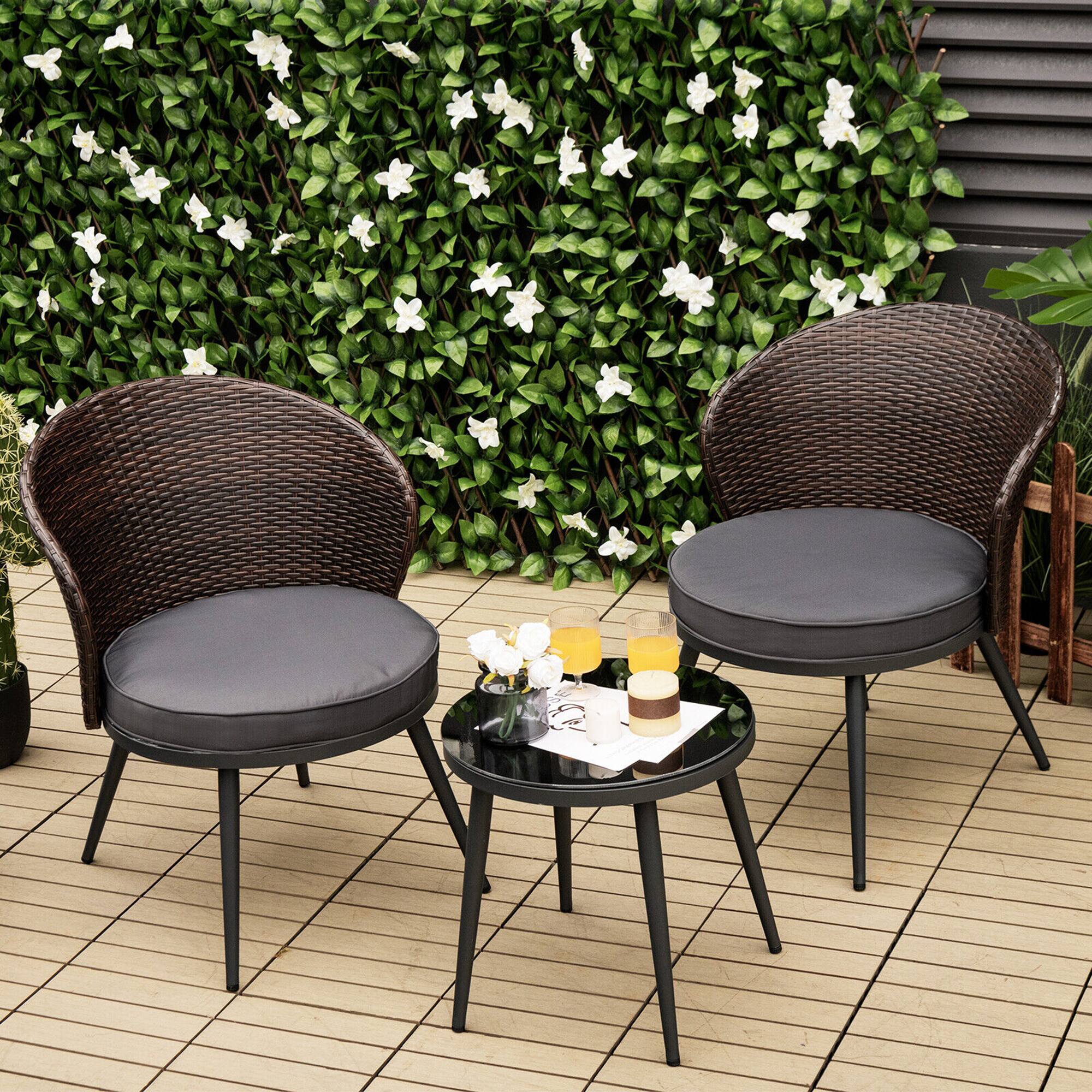 Front. Gymax - Gymax 3PCS Rattan Patio Bistro Set Outdoor Conversation Furniture Set w/ Seat Cushions - Grey.