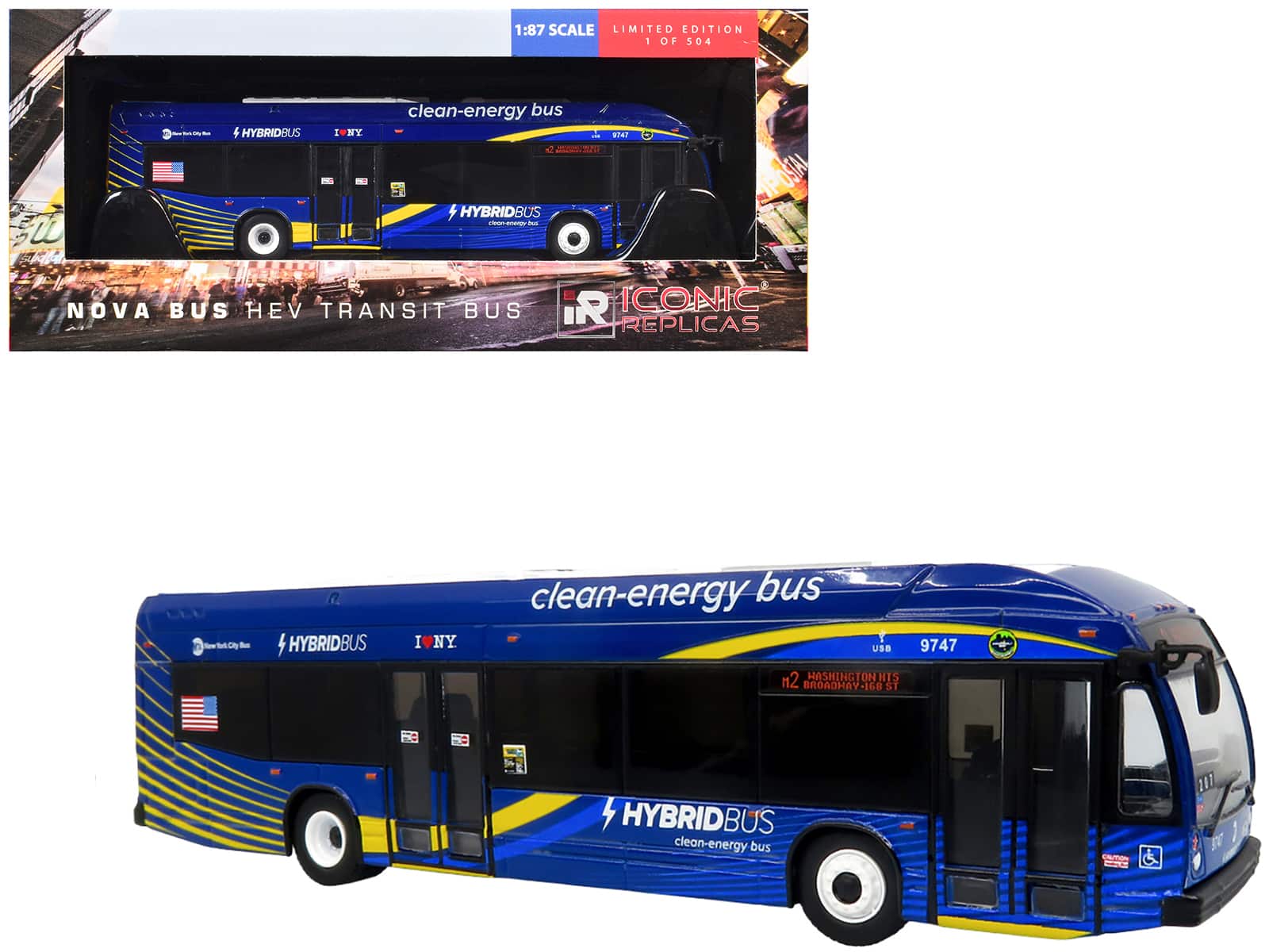 Iconic Replicas - Nova Bus LFSH HEV Hybrid Transit Bus MTA New York City Blue Yellow Graphics 1/87 HO Limited Edition 504 pcs - Blue with Yellow