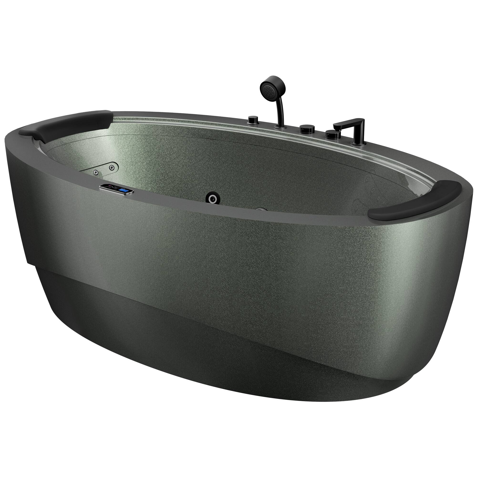 Left. Empava - 74.8 in. x 44.9 in. Oval Center Drain Combination Whirlpool Water/Air Bathtub - Tub filler - Waterfall - Lights in Green - Green.