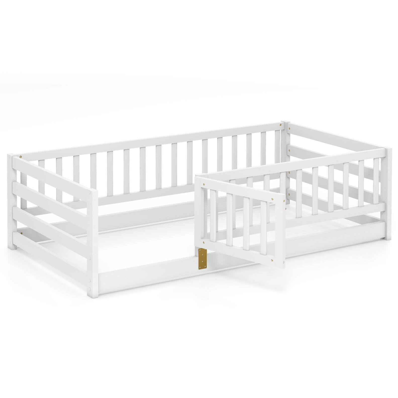 Alt View 9. Gymax - Gymax Twin Size Floor Bed w/High Fence & Door Safety Guardrails Wood Floor Bed Frame White - White.