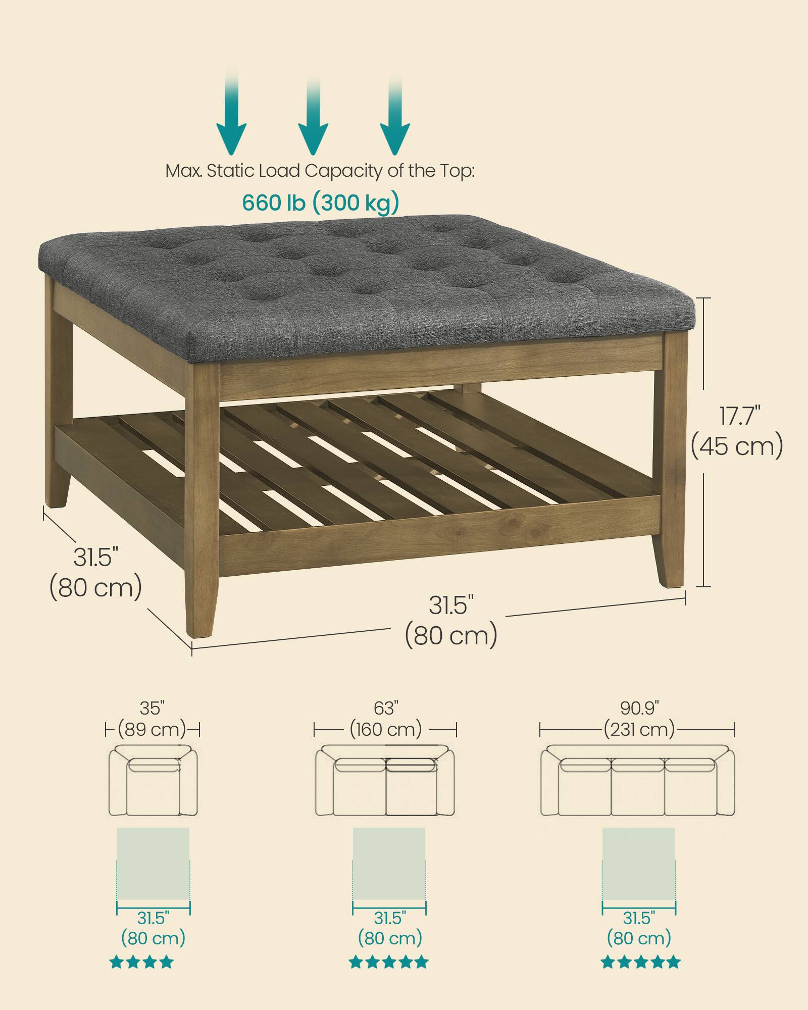 Max. Static Load Capacity of the Top: 660 lb (300 kg)  
17.7" (45 cm)  
31.5" (80 cm)  
31.5" (80 cm)  
35" (89 cm)  
63" (160 cm)  
90.9" (231 cm)  
31.5" (80 cm)  
31.5" (80 cm)  
31.5" (80 cm)
