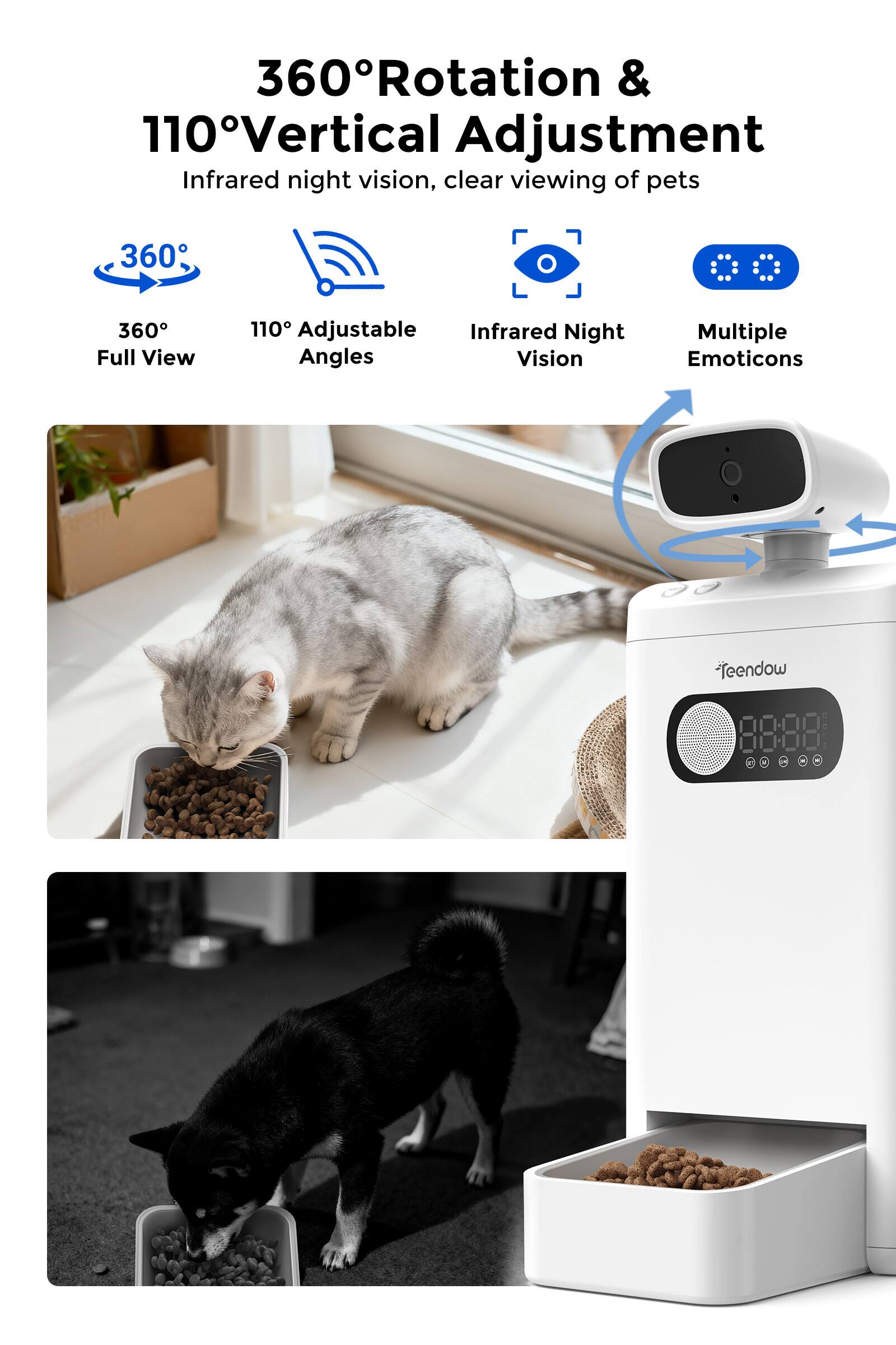 360° Rotation & 110° Vertical Adjustment  
Infrared night vision, clear viewing of pets  

- 360° Full View  
- 110° Adjustable Angles  
- Infrared Night Vision  
- Multiple Emoticons  

Teendow