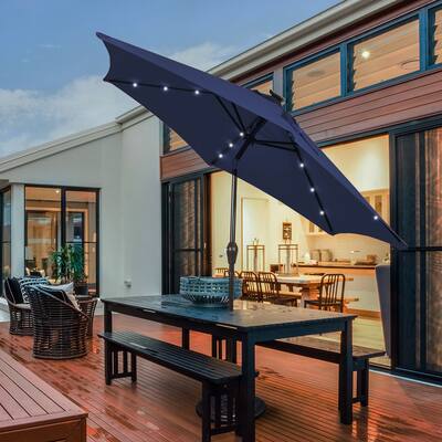 lighted patio table umbrella 10FT Solar Powered 24 LED Umbrella, Market Umbrella, Brown the canopy is made of premium polyester fabric Etta Avenue Harleigh 9ft Solar