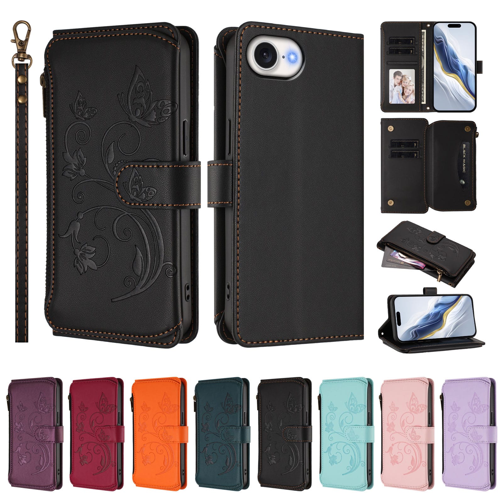 Dteck - Crossbody Wallet Case for Apple iPhone 17e / 16e,Embossed Butterfly Flower Folio Cover with Zipper Pocket+Strap - Black price history on PriceWatchPro