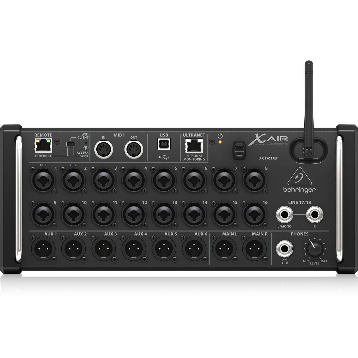 REMOTE + ETHERNET WIFI CLIENT ACCESS POINT IN MIDI OUT USB ULTRANET + PERSONAL MONITORING XAIR AIR - . SPOre XR1B -2 1 HI-Z 2 3 4 5 6 7 8 9 10 11 12 13 14 15 16 LINE 17/18 L/MONO R AUX 1 AUX 2 AUX 3 AUX 4 AUX 5 AUX 6 MAIN L MAIN R PHONES - MIN MAX LEVEL