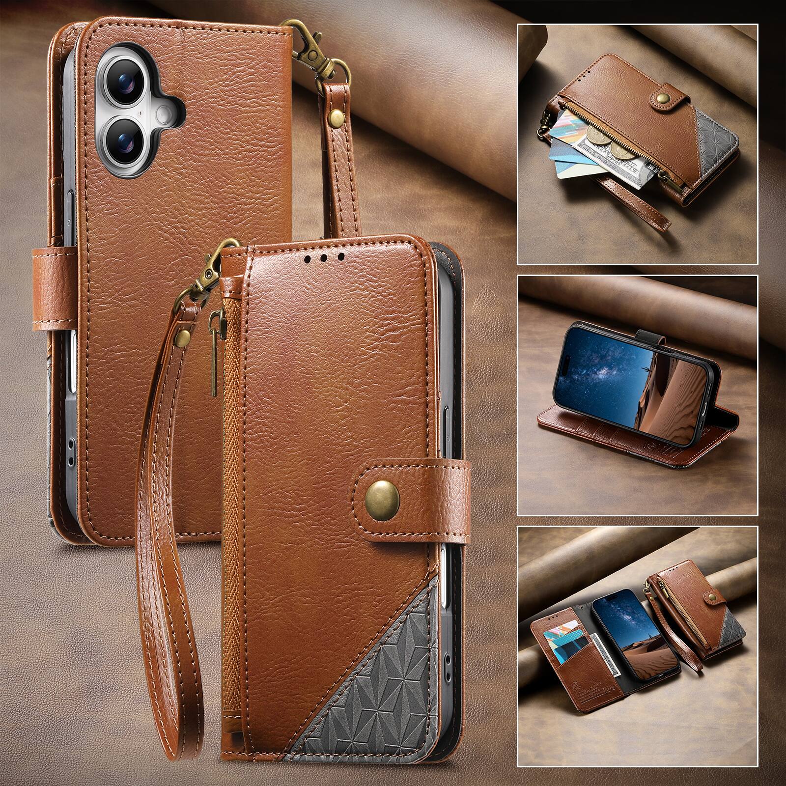 Angle. Dteck - For Apple iPhone 17 Wallet Case Business Shockproof PU Leather Flip Kickstand Zipper Card Pocket Cover+Strap - Brown.