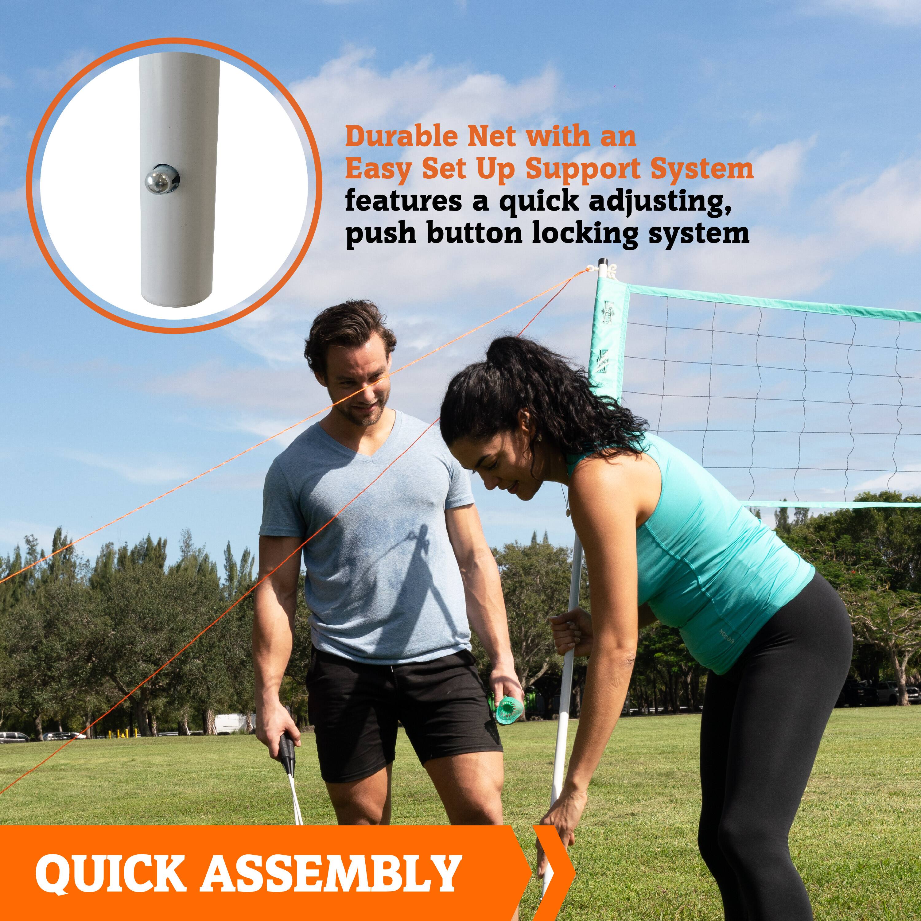 Durable Net with an Easy Set Up Support System features a quick adjusting, push button locking system.