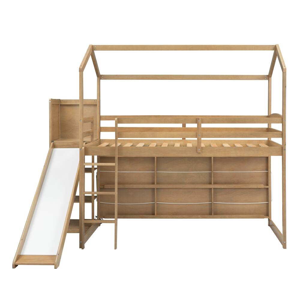 Alt View 8. Loheer - Loheer Twin Loft Bed with Slide and Storage, Wood House Bed Frame - Wood Color.