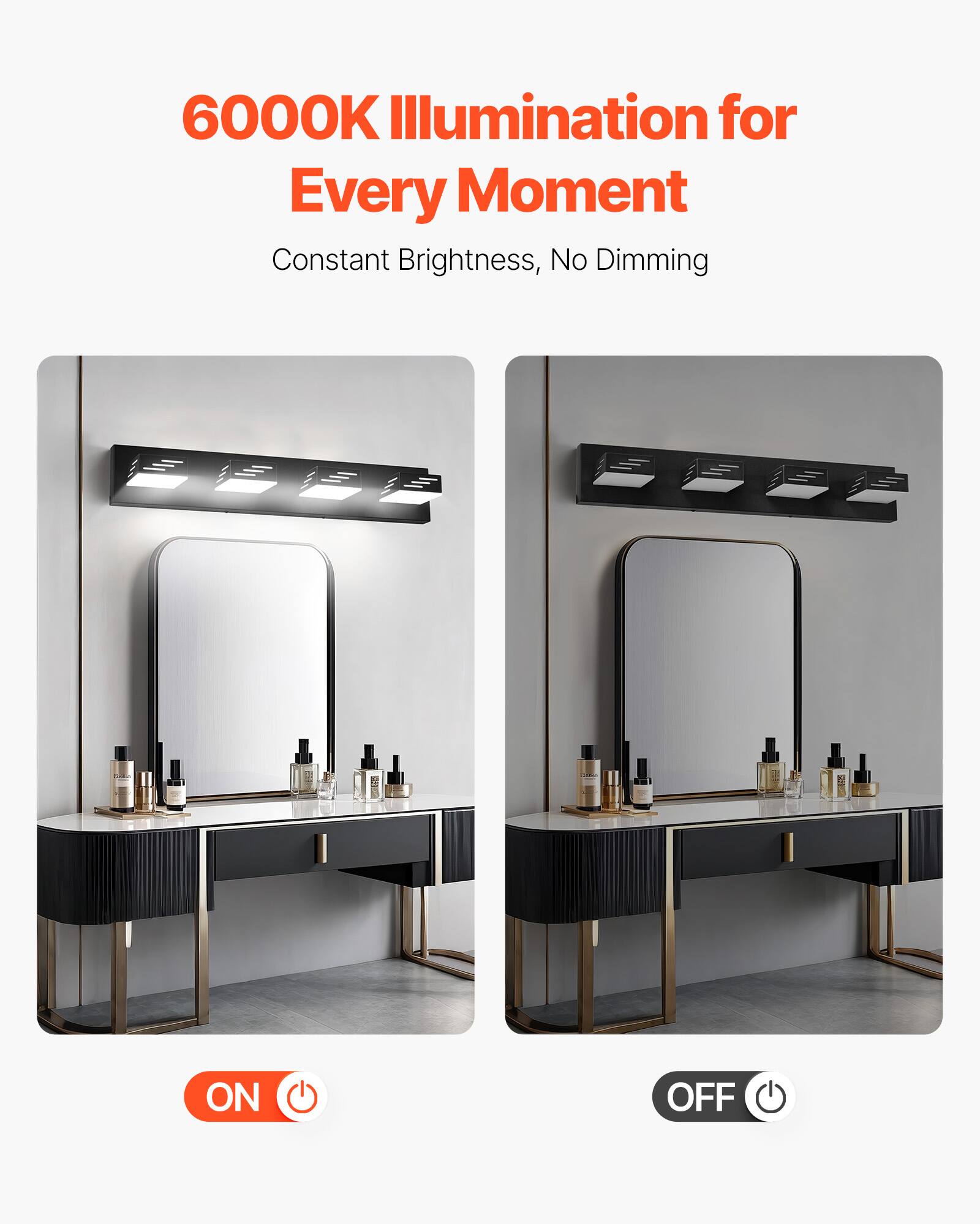 6000K Illumination for Every Moment, Constant Brightness, No Dimming, ON, OFF
