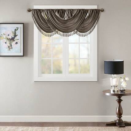 Front. BreeBe - Faux Silk Waterfall Embellished Valance Pewter 38x46' - Pewter.