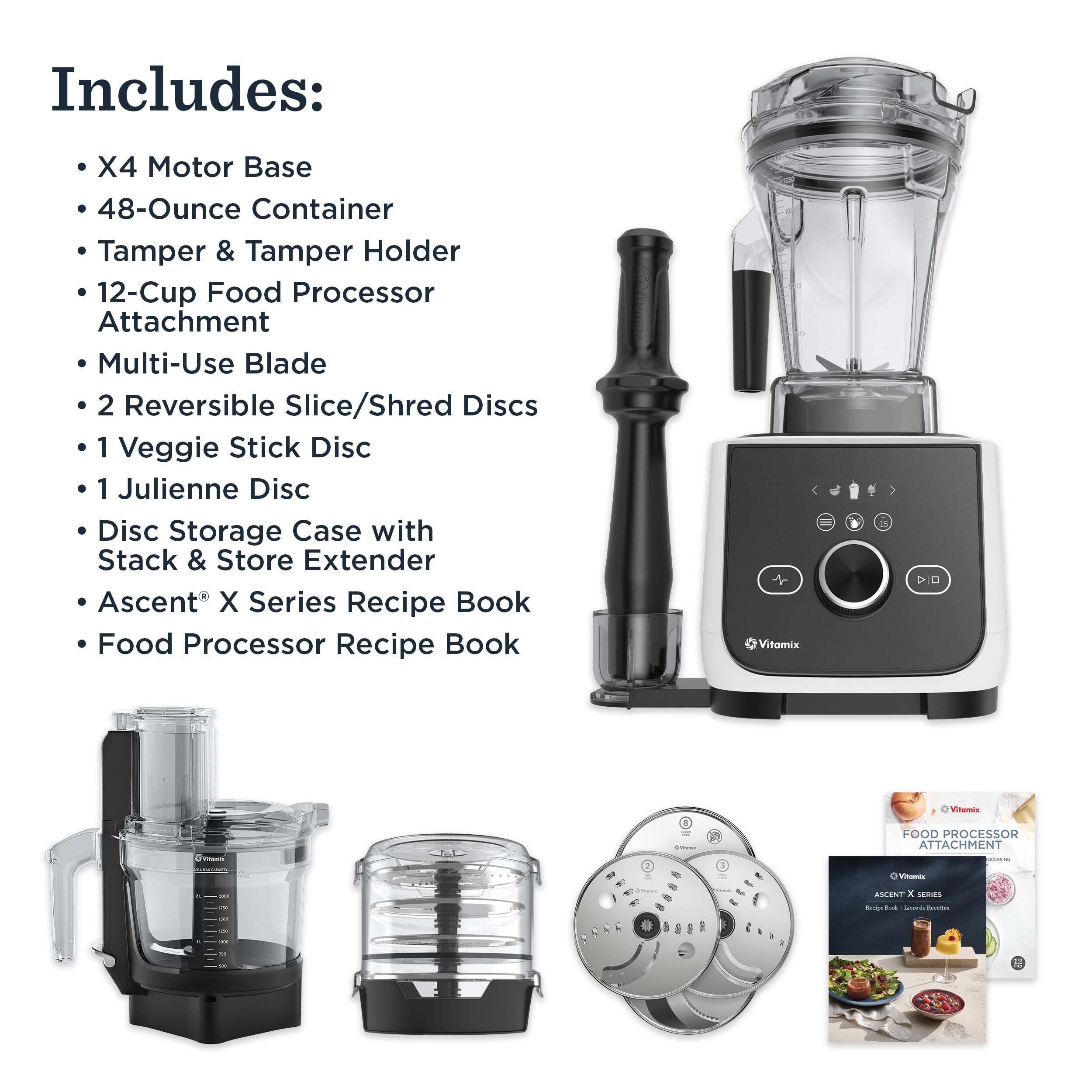 Includes: X4 Motor Base, 48-Ounce Container, Tamper & Tamper Holder, 12-Cup Food Processor Attachment, Multi-Use Blade, 2 Reversible Slice/Shred Discs, 1 Veggie Stick Disc, 1 Julienne Disc, Disc Storage Case with Stack & Store Extender, Ascent X Series Recipe Book, Food Processor Recipe Book, Vitamix D Vibe Series.