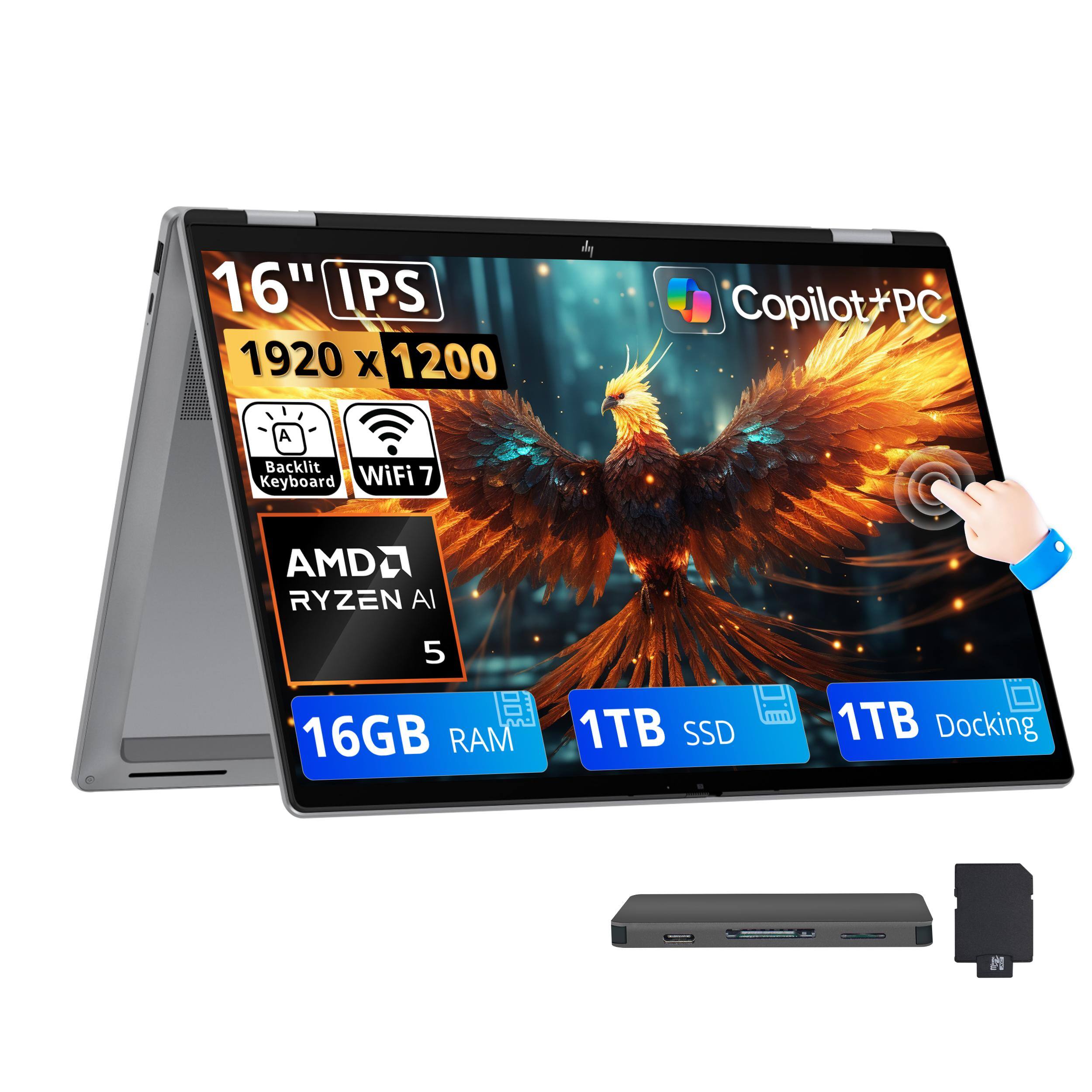 HP - Upgraded - OmniBook X Flip 2-in-1 Laptop,16" FHD+ Touch Display,AMD Ryzen AI 5 430,16GB RAM,1TB SSD+1TB Dock Set,Backlit,Win 11 - Meteor Silver