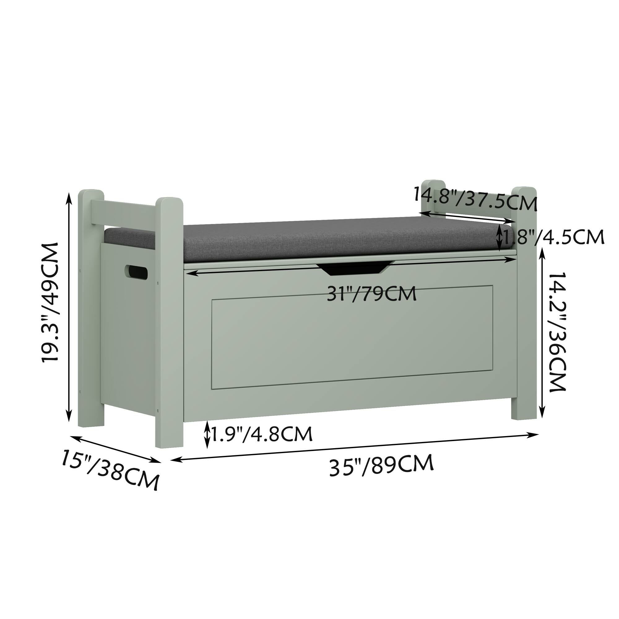 14.8"/37.5CM  
1.8"/4.5CM  
19.3"/49CM  
31"/79CM  
1.9"/4.8CM  
14.2"/36CM  
15"/38CM  
15"/38CM  
35"/89CM