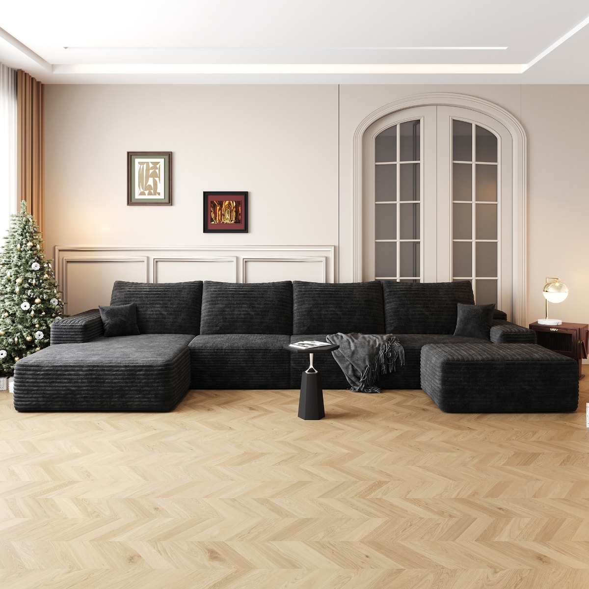 Ropilly - Black Corduroy Sectional Sofa U Shaped Sectional Sofa with Ottoman Deep Seat Corner Couch - Black
