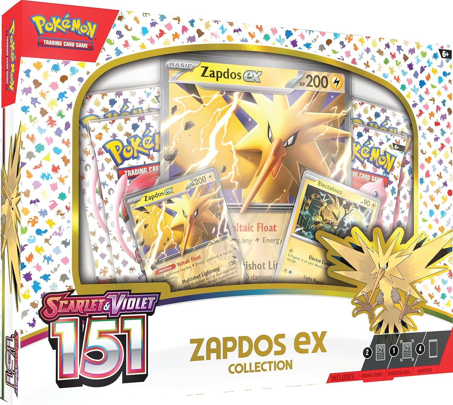 Pokémon Trading Card Game  
Scarlet & Violet 151  
Zapdos ex Collection  

Includes:  
- Promo Cards  
- Oversize Card  
- Boosters  

Zapdos ex  
Basic  
HP 200  
Voltaic Float  
Ability: Lightning  
Multishot  
120 damage  

Electabuzz  
90  
Voltaic Float  
Electro Combat  
120 damage  
Light Punch  

6+