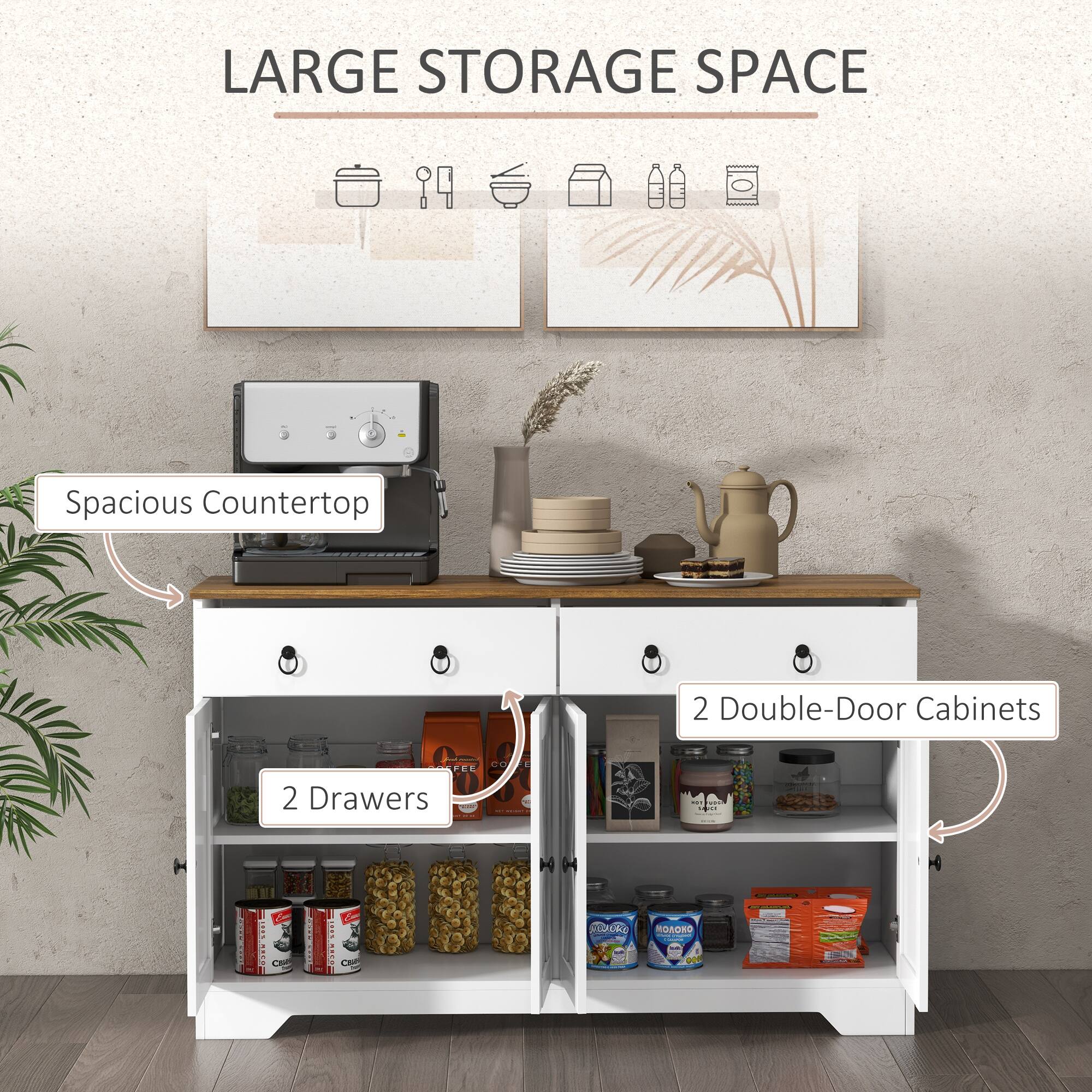 LARGE STORAGE SPACE Spacious Countertop 2 Double-Door Cabinets 2 Drawers
