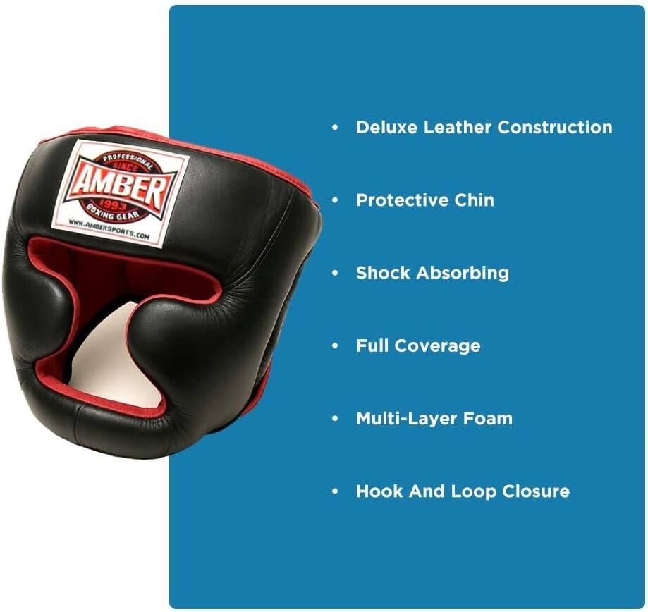 PROFESSIONAL SINCE 1993 AMBER BOXING GEAR www.AMBERSPORTS.COM

- Deluxe Leather Construction
- Protective Chin
- Shock Absorbing
- Full Coverage
- Multi-Layer Foam
- Hook And Loop Closure