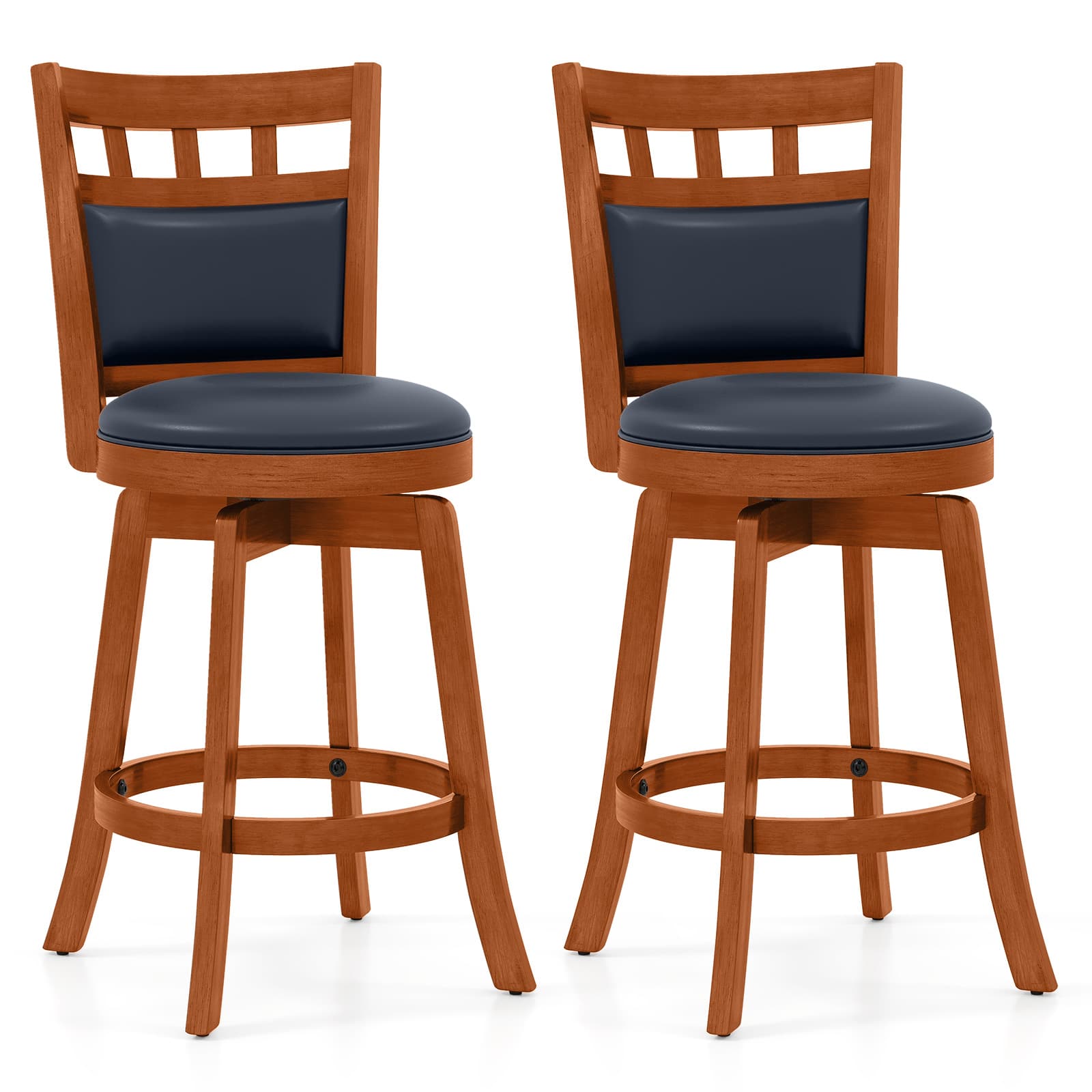Costway - 2PCS Wood Swivel Bar Stools, Bar Height Chairs with Faux Leather Upholstered Seat - Brown 26"