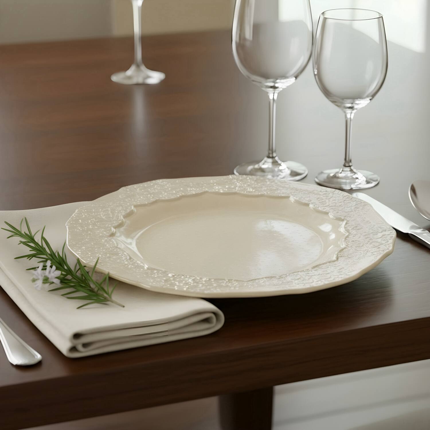 Angle. American Atelier - Roberta Iris Luster - Pearl Charger Plate 13" - Beige.