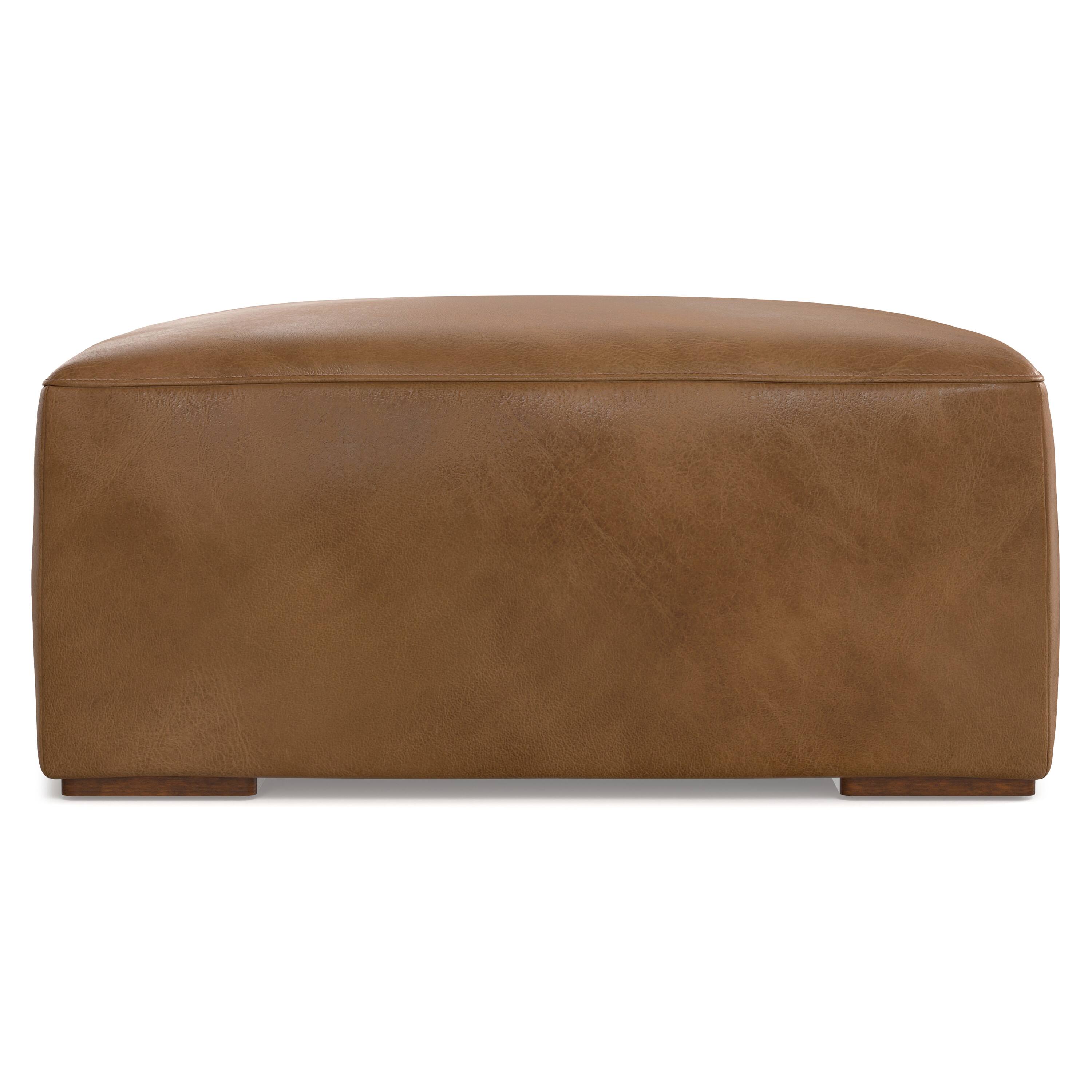 Alt View 1. Simpli Home - Rex Ottoman in Genuine Leather - Caramel Brown.
