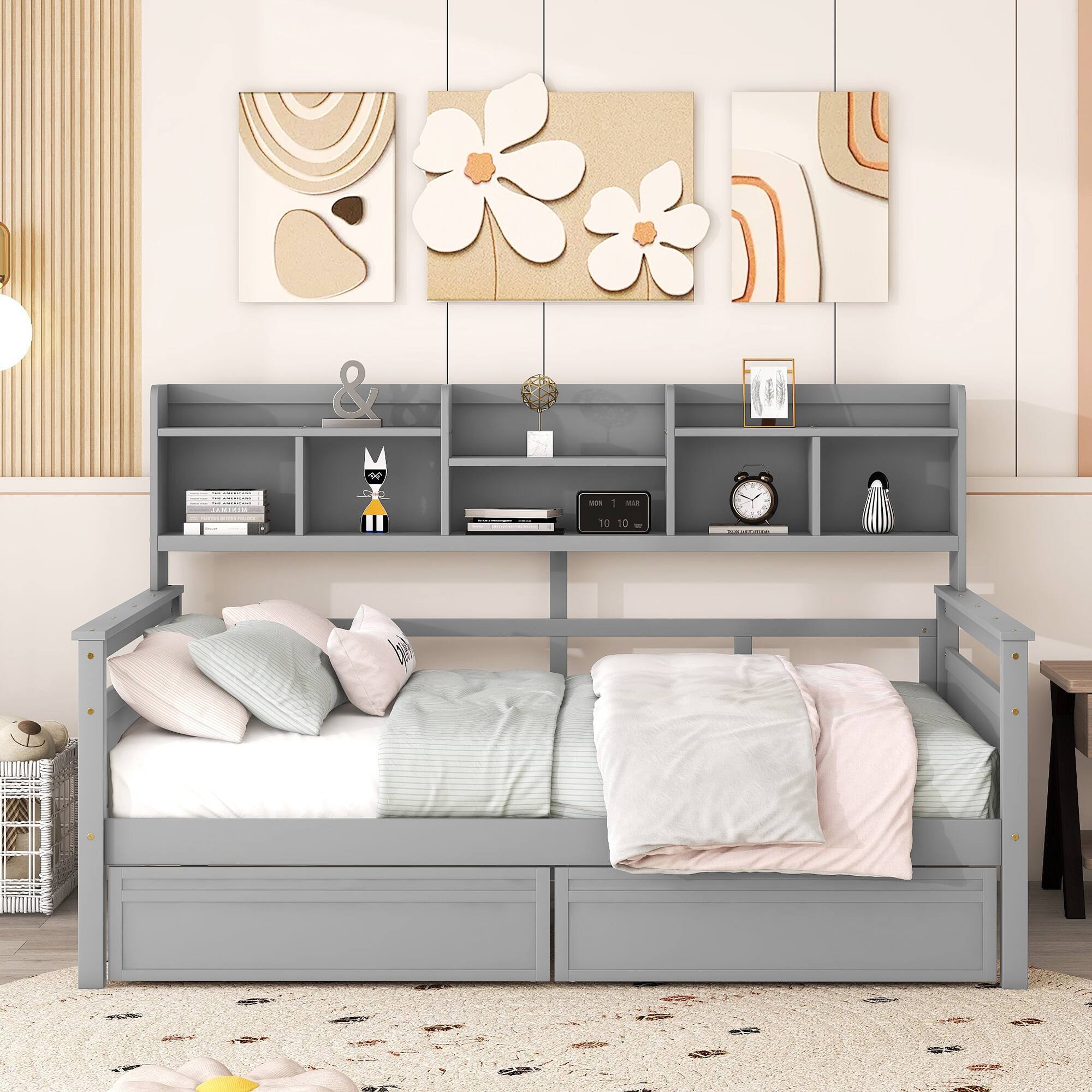 Angle. Aukfa - Twin size Daybed, Wood Slat Support, with Bedside Shelves and Two Drawers - Gray.