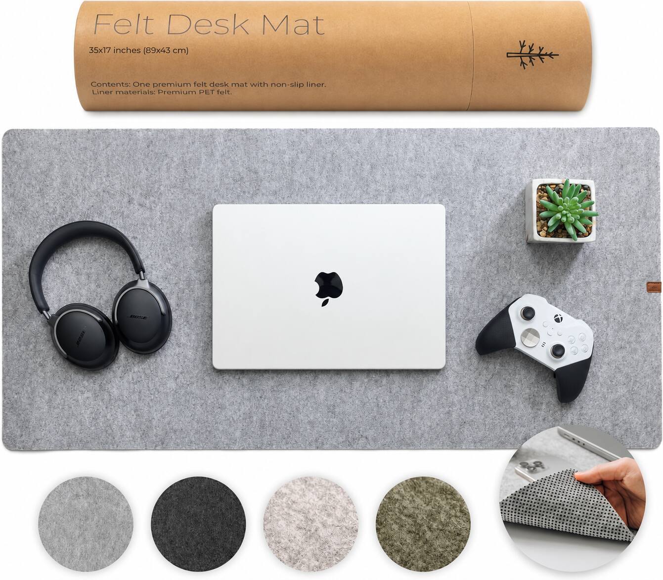Felt Desk Mat 35x17 inches (89x43 cm)

Contents: One premium felt desk mat with non-slip liner.  
Liner materials: Premium PET felt.