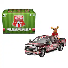 2022 GMC Sierra 3500 HD Truck Dark Red with Canadian Soccer Graphics with Moose Figure 1/64 Model Car by Greenlight