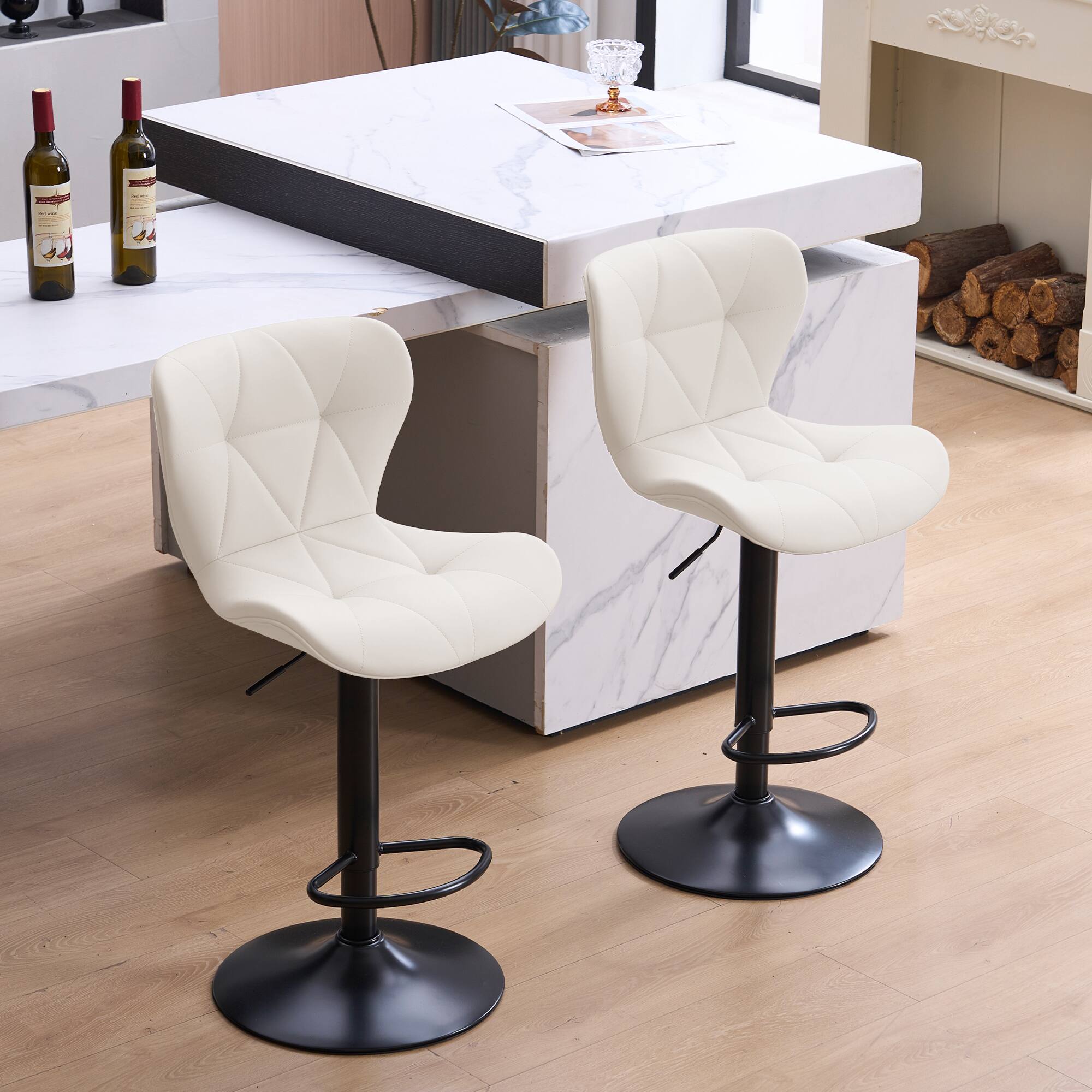 Left. FERPIT - FERPIT Set of 2 Modern Adjustable Height Bar Stools Padded PU Leather Swivel Stools, Beige - Beige.