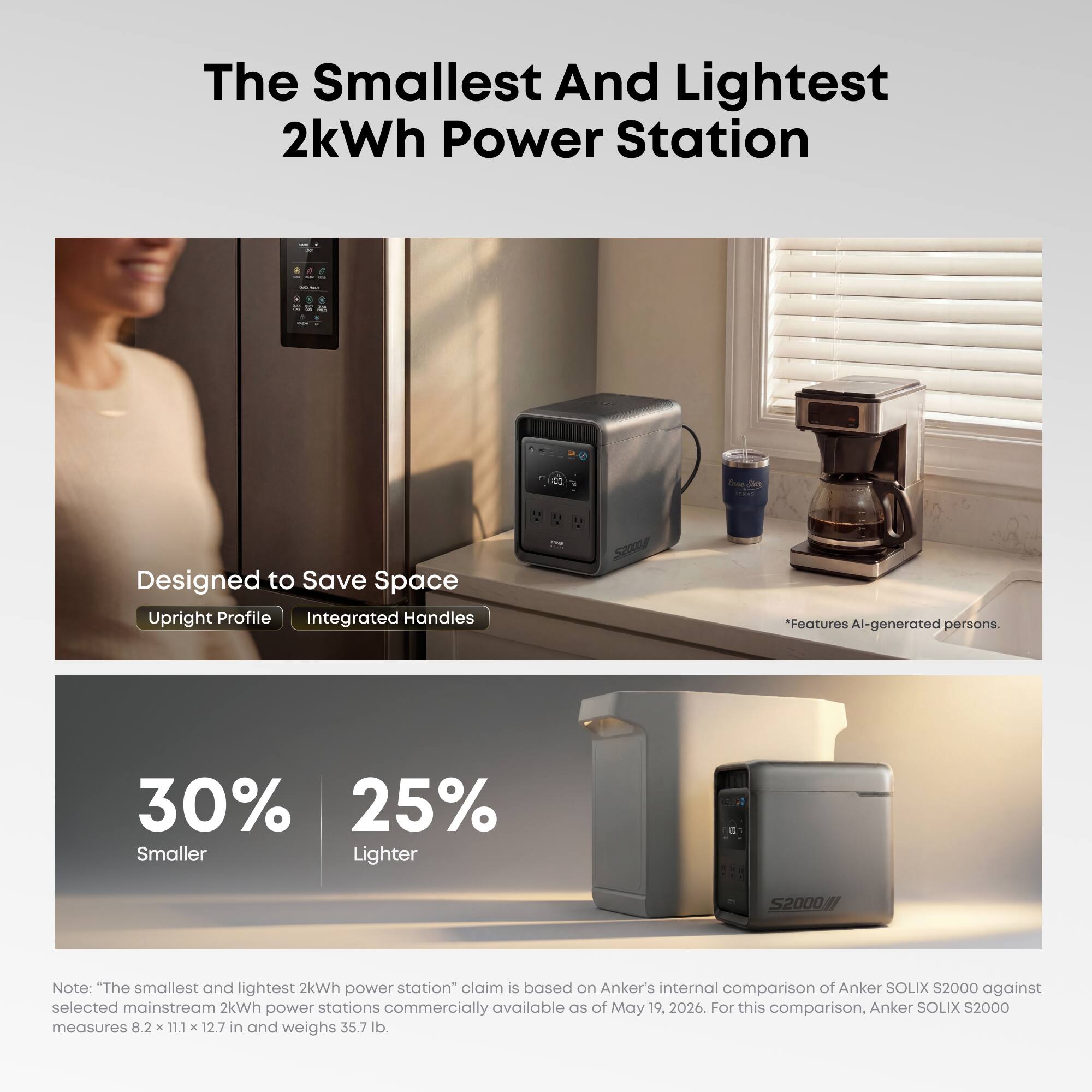 The Smallest And Lightest 2kWh Power Station

Designed to Save Space
Upright Profile
Integrated Handles

*Features AI-generated persons.

30% Smaller
25% Lighter

Note: "The smallest and lightest 2kWh power station" claim is based on Anker's internal comparison of Anker SOLIX S2000 against selected mainstream 2kWh power stations commercially available as of May 19, 2026. For this comparison, Anker SOLIX S2000 measures 8.2 x 11.1 x 12.7 in and weighs 35.7 lb.