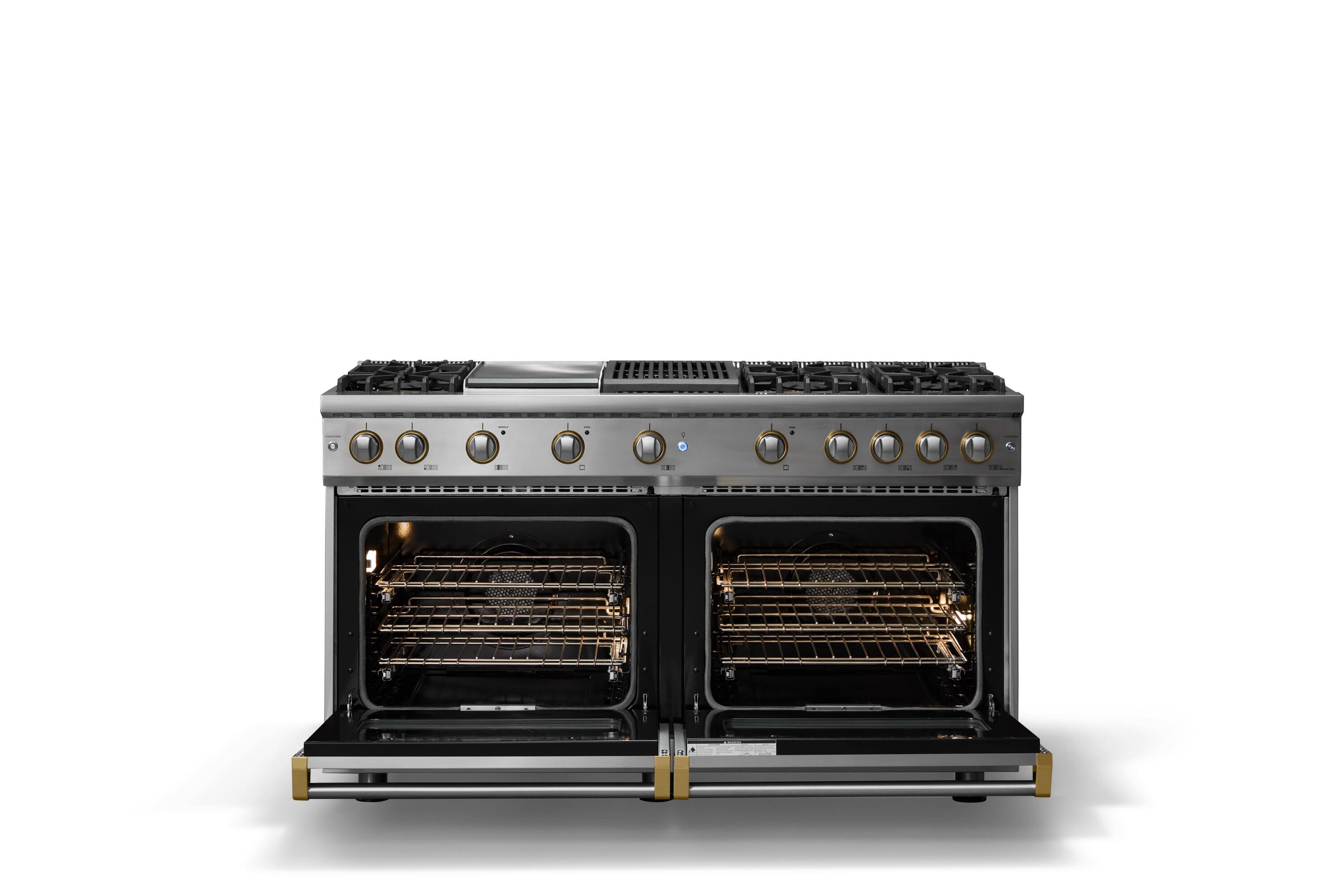 Alt View 1. Viking - 60 in. Wide 6 Burner Pro 5 Series 8.0 Cu. Ft. Freestanding Sealed Burner LP Gas Convection Rangewith Brushed Brass Trim - Stainless Steel.