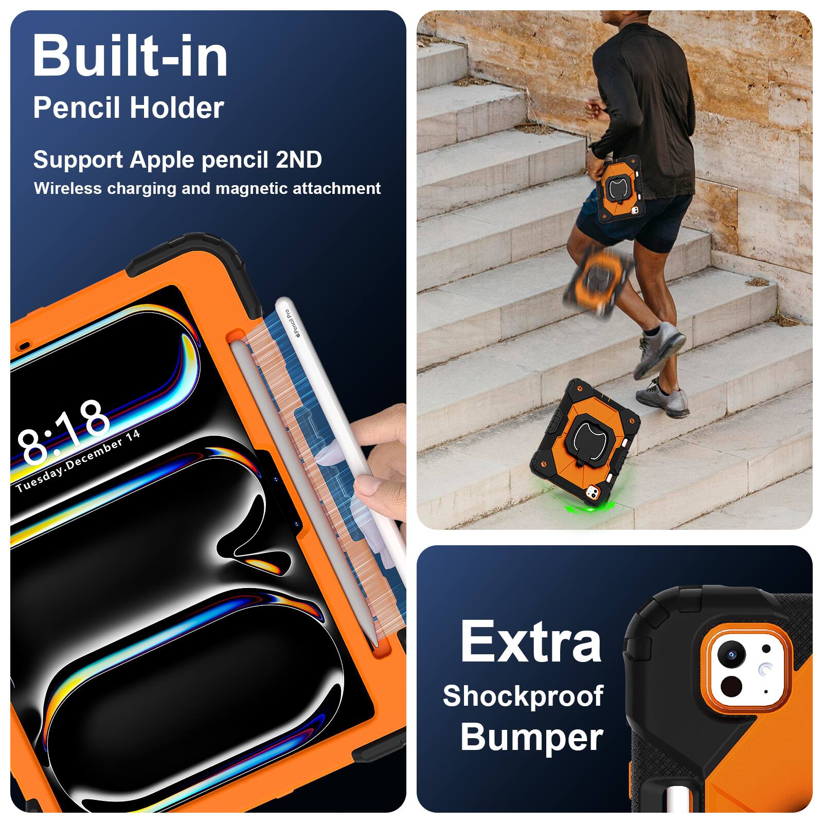 Built-in Pencil Holder  
Support Apple pencil 2ND  
Wireless charging and magnetic attachment  

Extra Shockproof Bumper