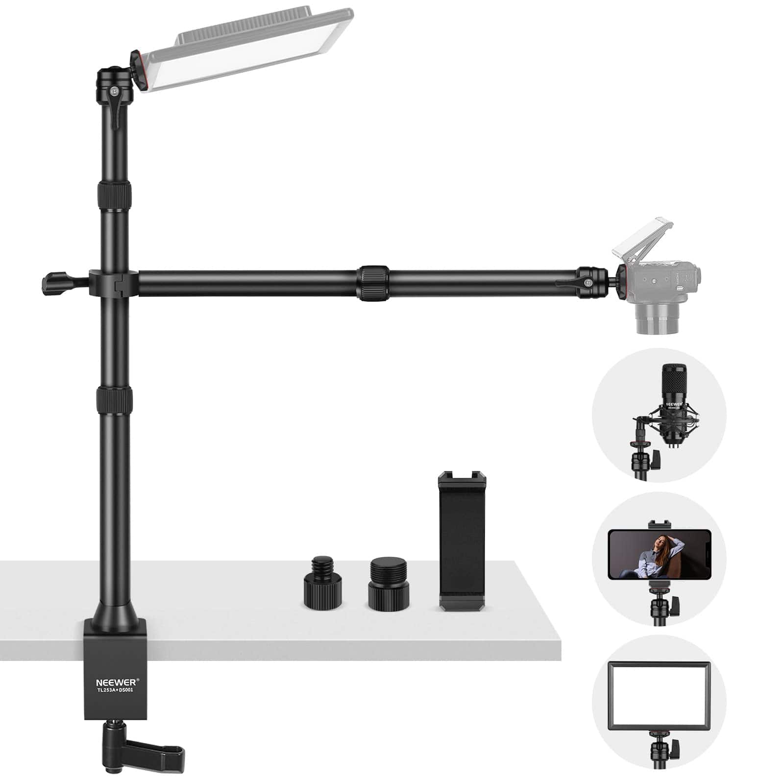 Neewer - Desktop Camera Tripod with 2 Arms - Adjustable Mount for Phone, Webcam, Ring Light & Camera