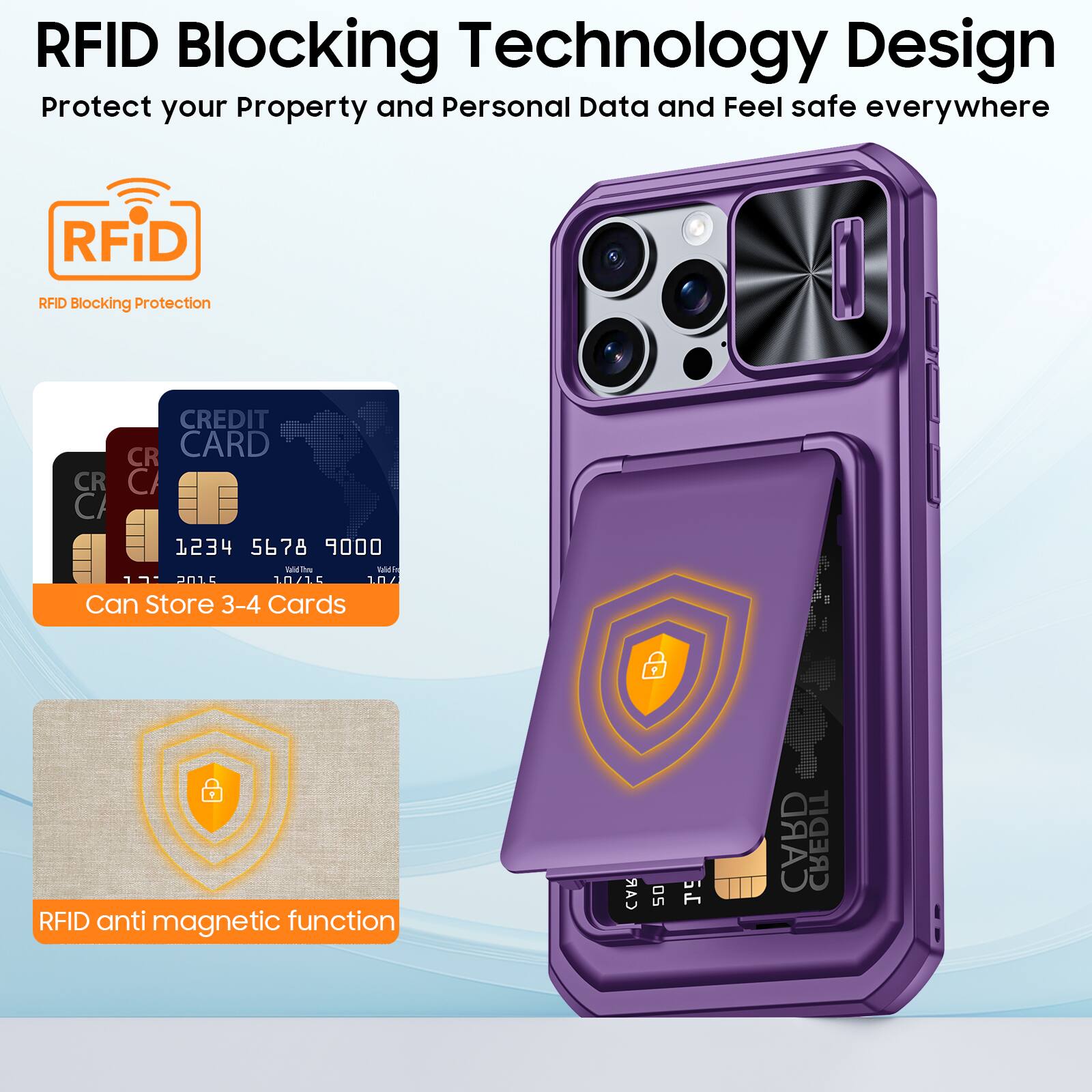 RFID Blocking Technology Design  
Protect your Property and Personal Data and Feel safe everywhere  

RFID RAD Blocking Protection  

1 CREDIT CR CARD CR C CA 1234 5678 9000 - THI 2016 10/15 104  

Can Store 3-4 Cards  

RFID anti magnetic function  

3 CAR SO 12 CARD CREDIT