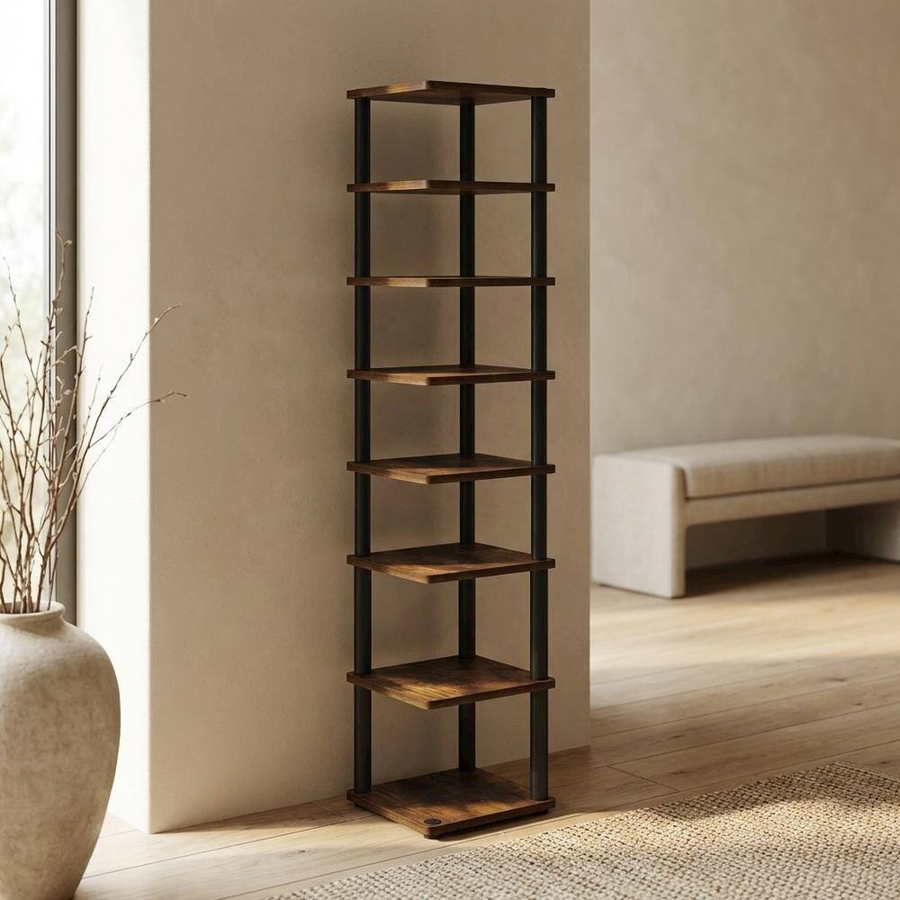 Angle. FurniFact - Gold 8-Tier Vertical Shoe Tower, Free Standing Space Saving Closet Organizer - Amber Pine/Black.