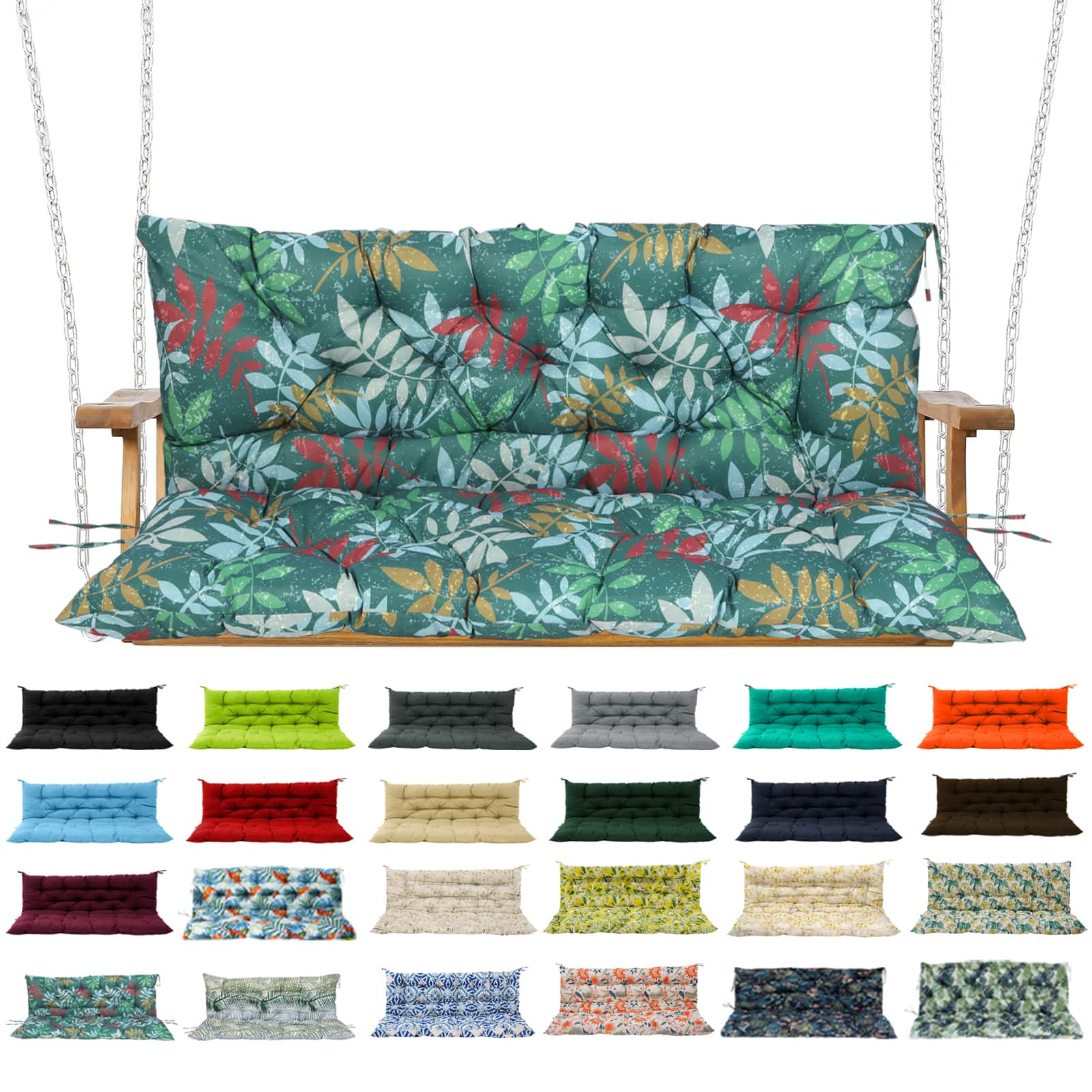 Chateau Abodes - Outdoor Replacement Seat Cushions for 2-3 Person Swing & Bench, Waterproof Sofa Pads with Backrest for Patio Furniture - Green Flowers-40x71.1in