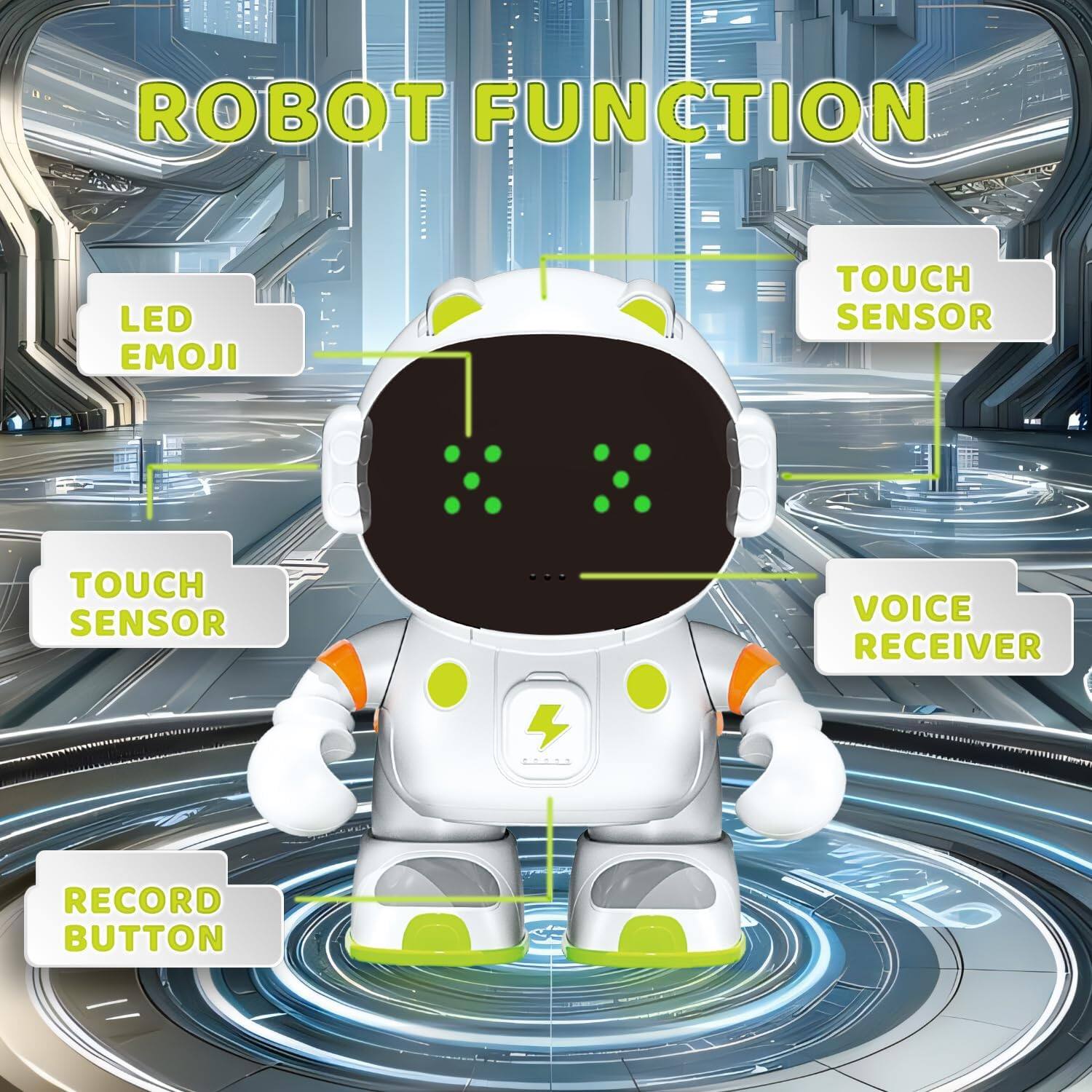 ROBOT FUNCTION

- LED EMOJI
- TOUCH SENSOR
- TOUCH SENSOR
- VOICE RECEIVER
- RECORD BUTTON