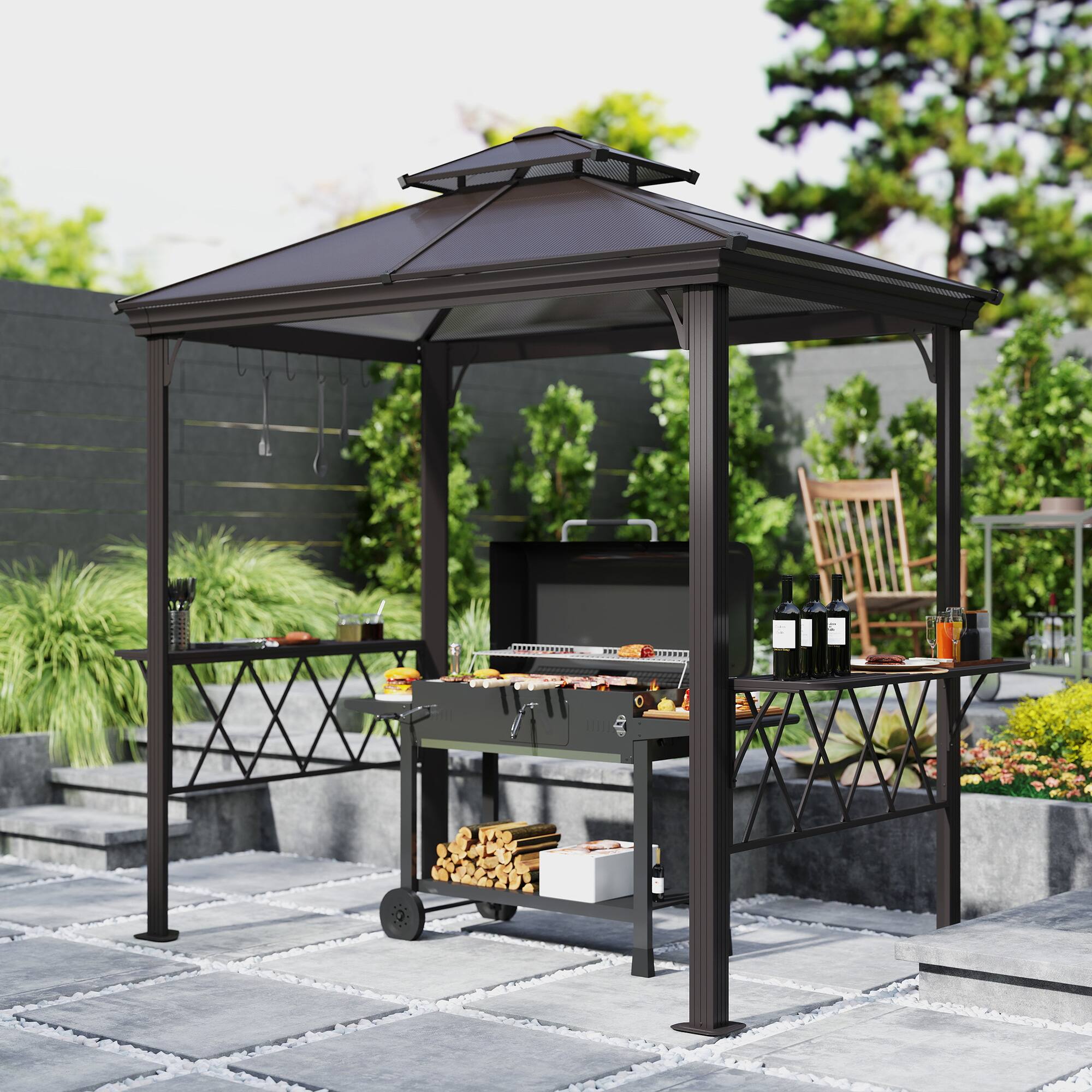 Alt View 8. Outsunny - 9 x 5 ft. Grill Gazebo, Hardtop BBQ Gazebo Canopy with 2-Tier Polycarbonate Roof, Shelves, Serving Tables - Coffee.