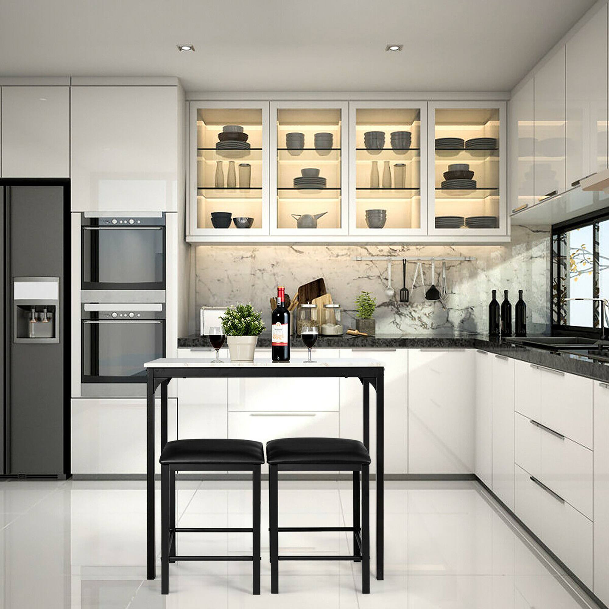 Angle. Costway - 3 Piece Counter Height Dining Set Faux Marble Table and 2 Chairs Kitchen Bar White - White.