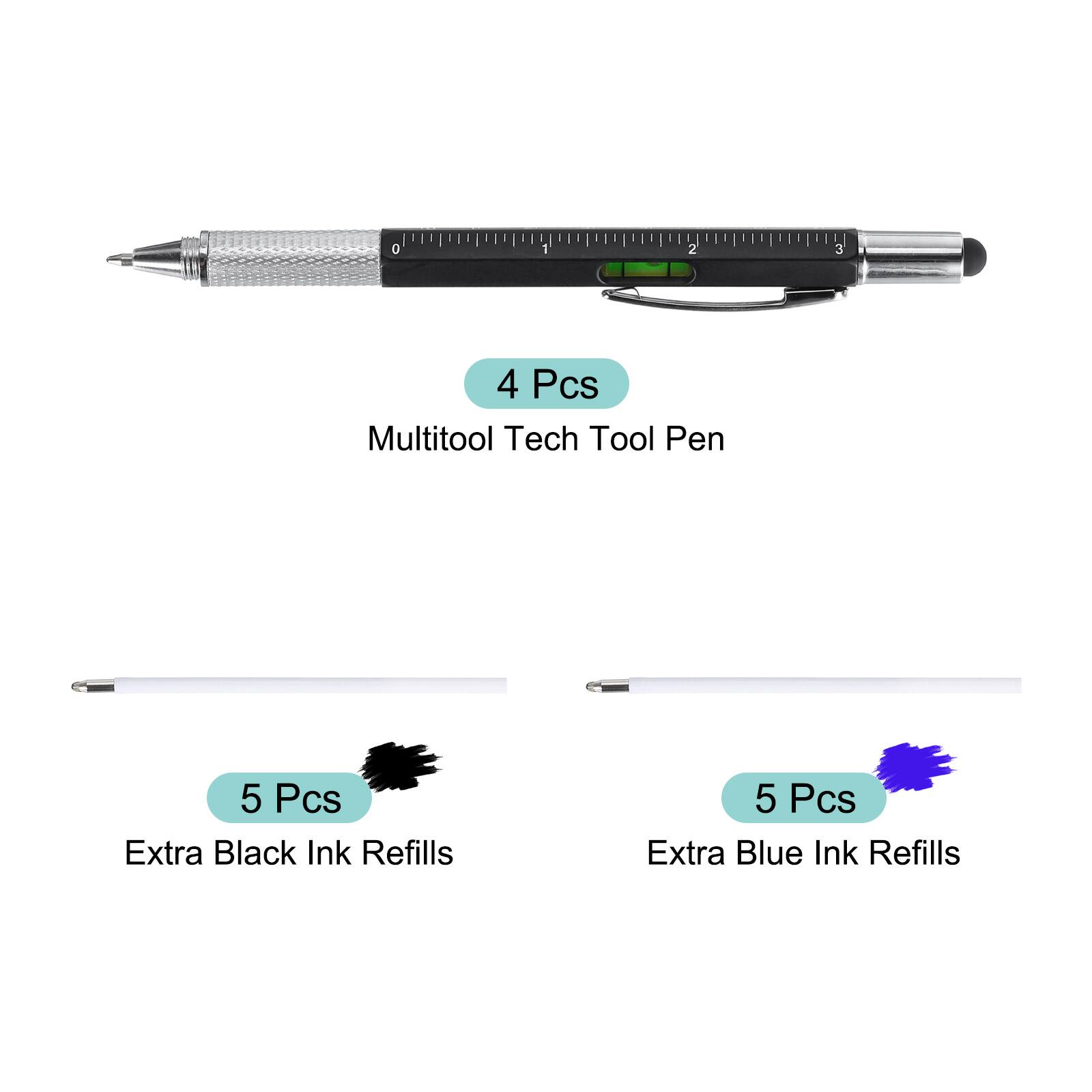 4 Pcs Multitool Tech Tool Pen  
5 Pcs Extra Black Ink Refills  
5 Pcs Extra Blue Ink Refills