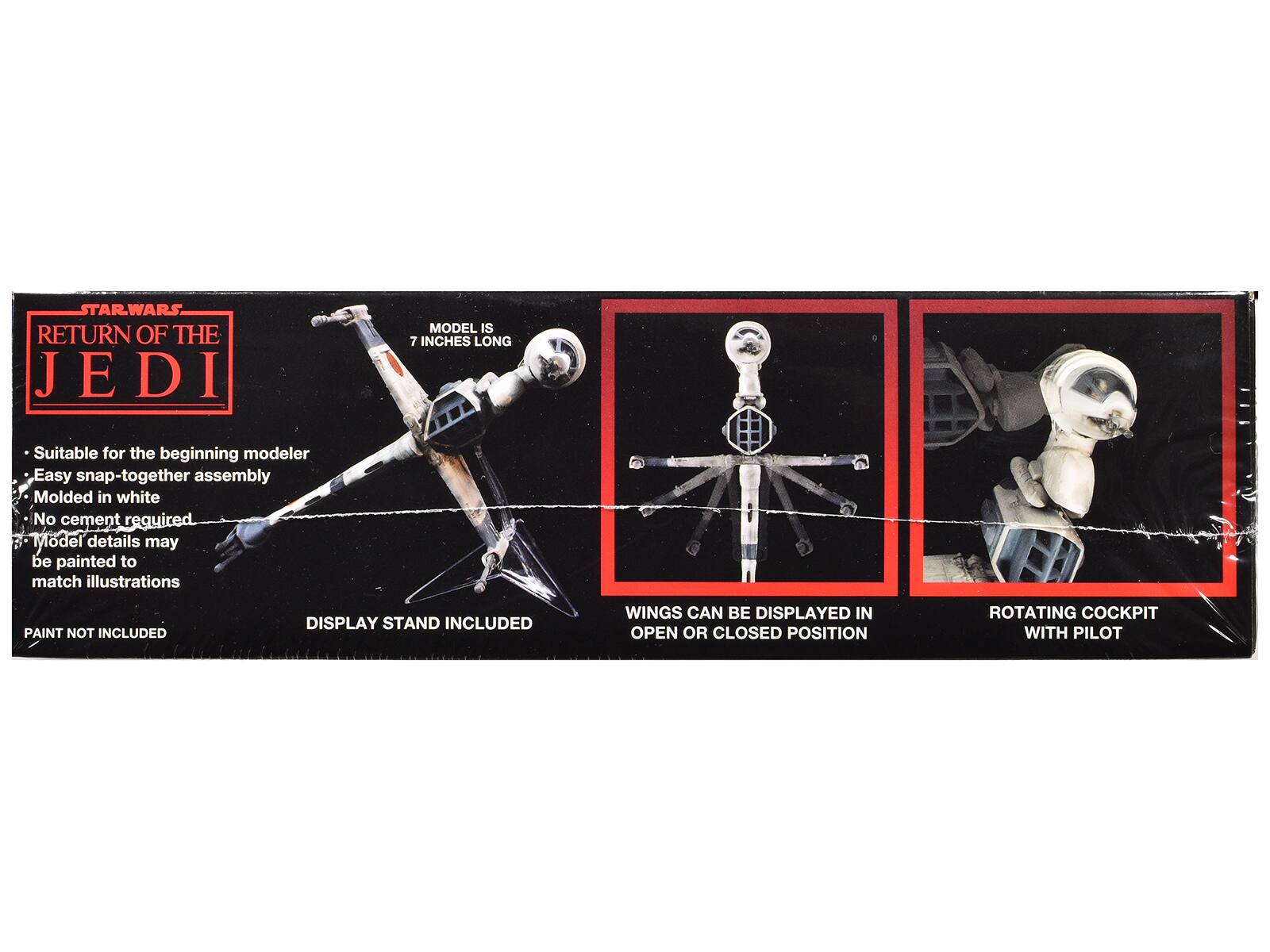**STAR WARS RETURN OF THE JEDI**

- Suitable for the beginning modeler
- Easy snap-together assembly
- Molded in white
- No cement required
- Model details may be painted to match illustrations
- PAINT NOT INCLUDED
- DISPLAY STAND INCLUDED
- WINGS CAN BE DISPLAYED IN OPEN OR CLOSED POSITION
- ROTATING COCKPIT WITH PILOT

MODEL IS 7 INCHES LONG
